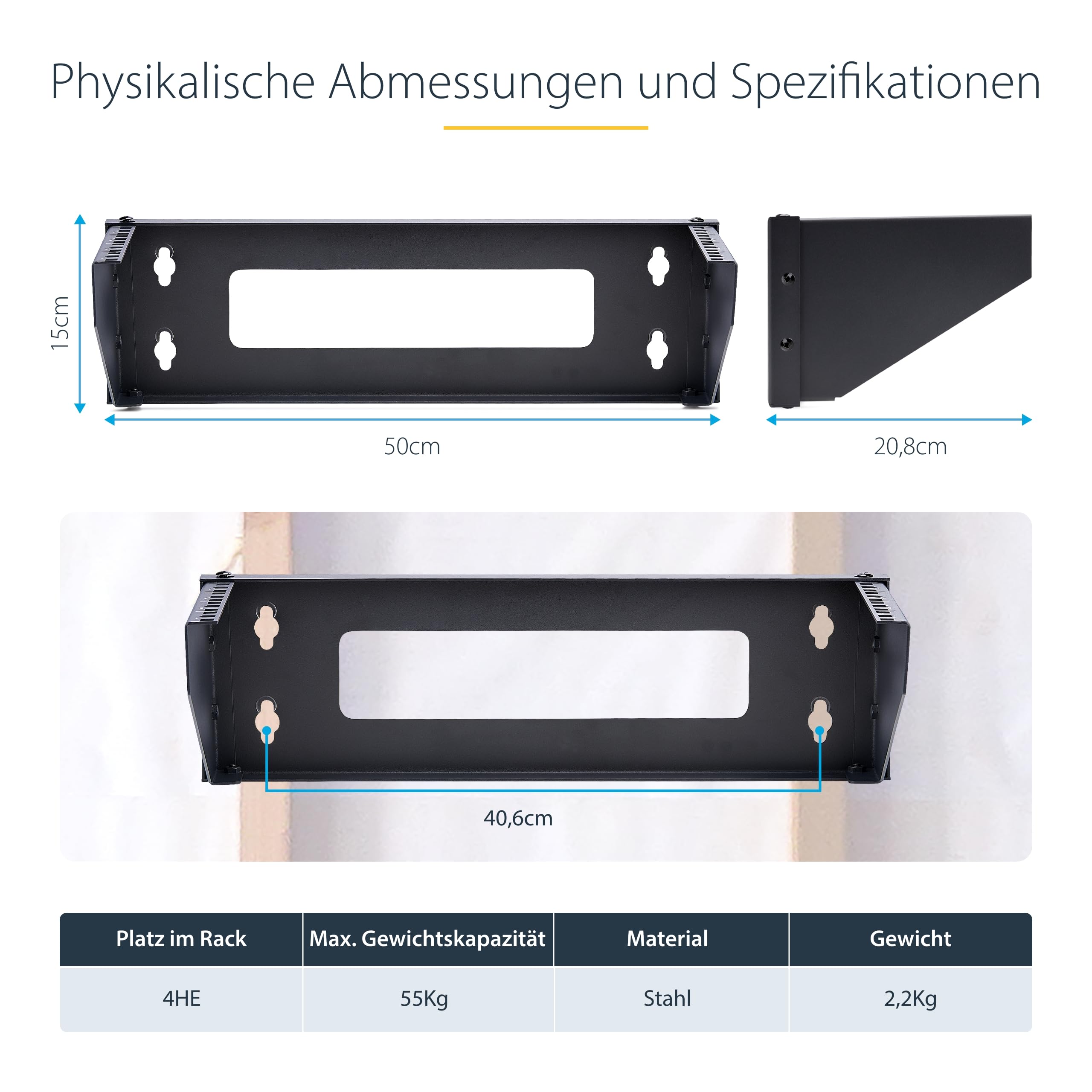 StarTech 4HE Vertikale Wandhalterung, 19 Zoll, 55kg (RK419WALLV-N) | Rack-Geräte, Patchpanels, Server, NAS, Audio Video Equipment, EIA-310, Stahl, Universal