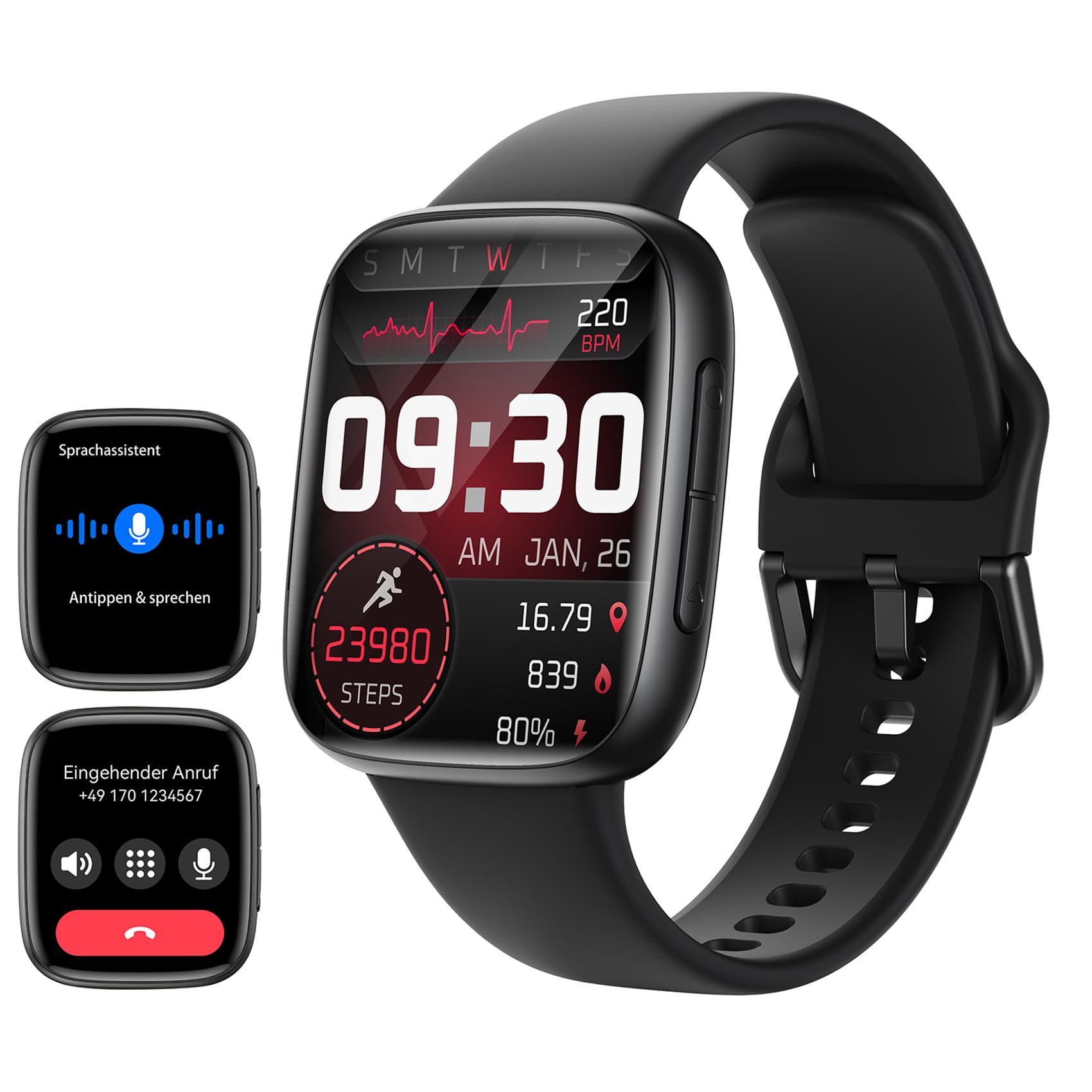 Smartwatch Damen Herren, 1,85″ AMOLED Touchscreen, Fitness Tracker mit Bluetooth Anrufen & KI, Herzfrequenz, SpO2, Schlaf- & Frauenzyklus-Tracking, 100+ Sportmodi, 3ATM Wasserdicht für iOS & Android