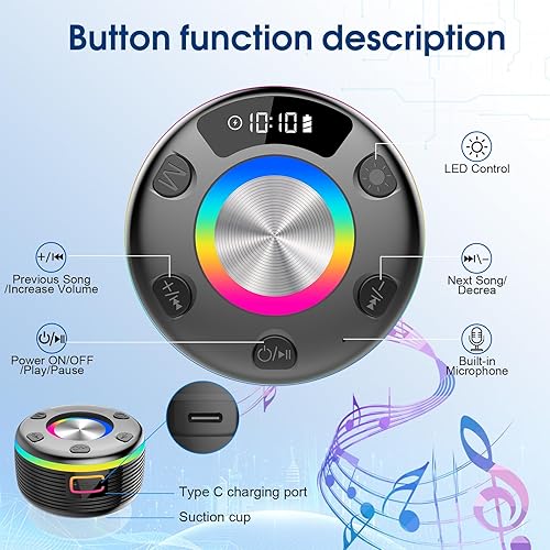 Miniatura 7 de OYIB Altavoz de ducha Bluetooth, altavoz Bluetooth portátil con sonido HD de 360, luces RGB, radio FM, altavoz inalámbrico impermeable IPX7 con