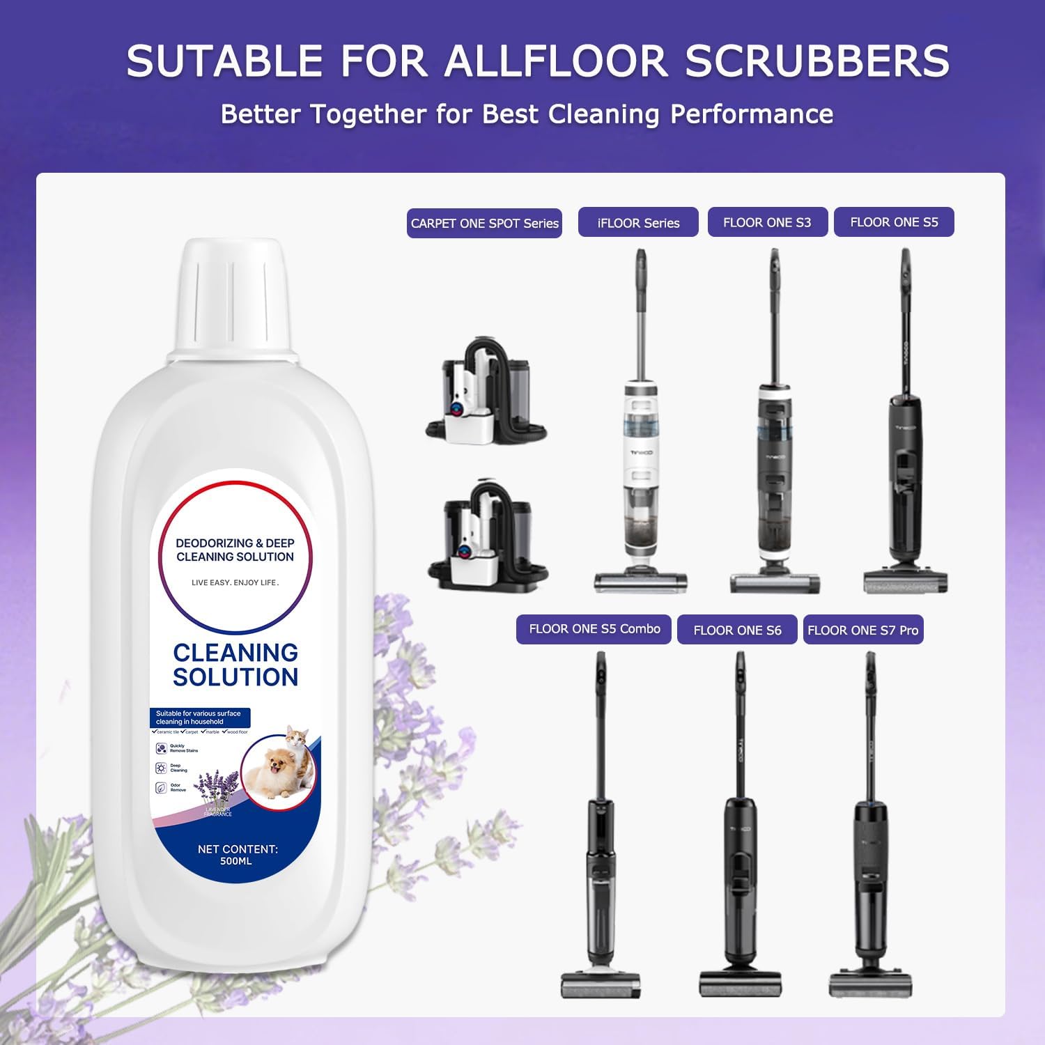 Floor Cleaner Lavender Scent Compatible with Tineco Cleaning Solution Refill, Deep Cleans Residue & Streak Free, Wet Dry Vacuum Mop Cleaners Solution for all Tineco FLOOR ONE & iFloor Series (4PCS)