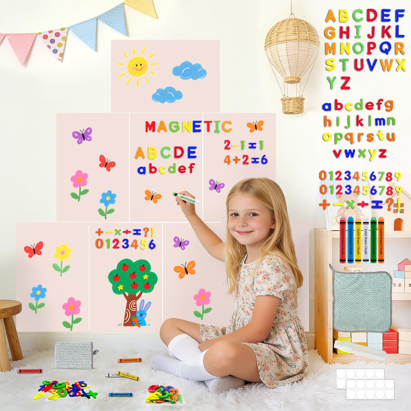 8 PCS Magnetic Wall Decals for Kids Magnetic Chalkboard Peel and Stick Magnet Sheets Board Sticker Tangram Puzzle Self Adhesive Contact Paper Dry Erase Blackboard for Playroom Homeschool 15.7"x10.4"