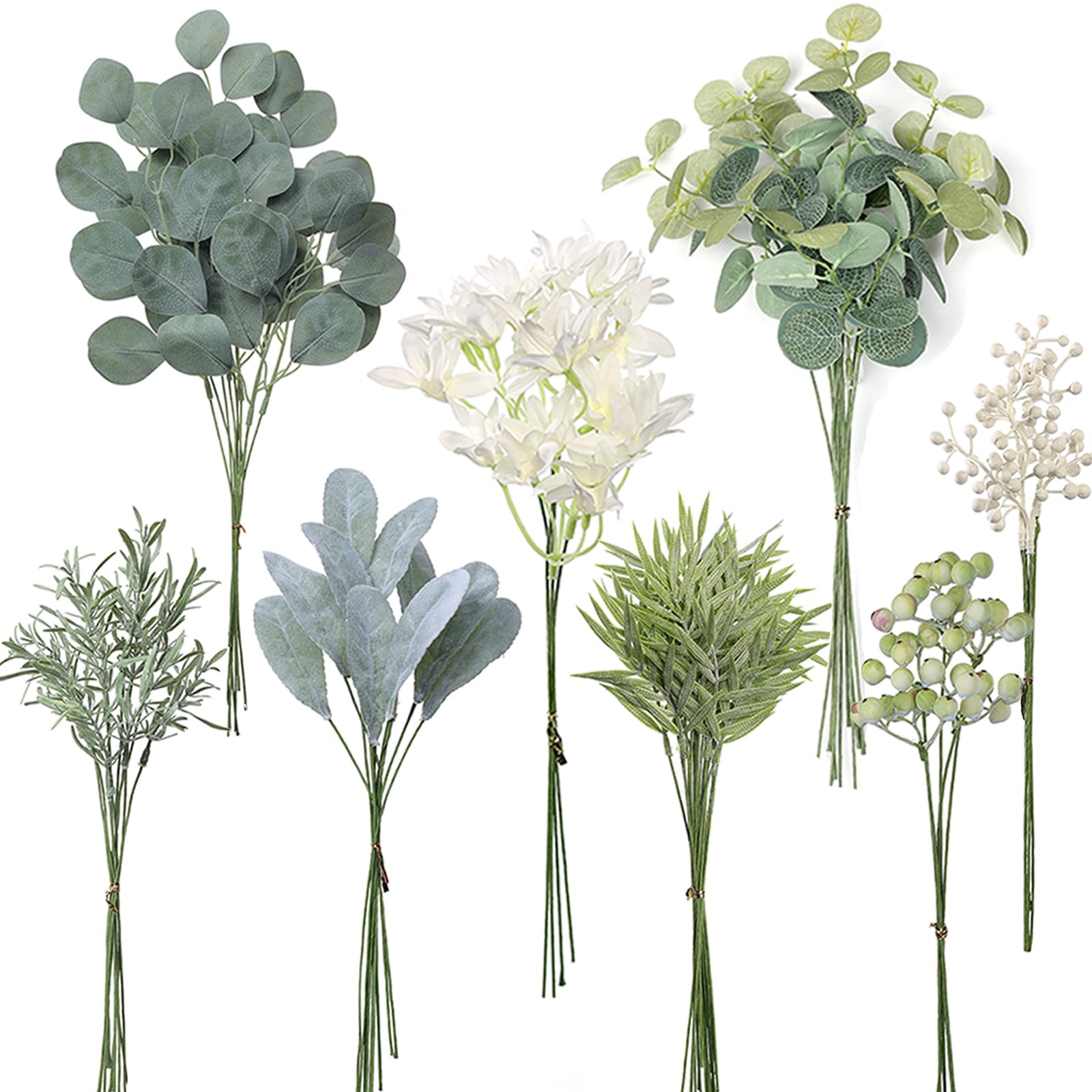 YXZZWL Artificial Greenery Stems Box Set，75 Pcs with 8 Kinds of Faux Greenery Branches Fake Eucalyptus for Wedding DIY Bouquets Floral Arrangement Table Centerpieces (Sage Green)