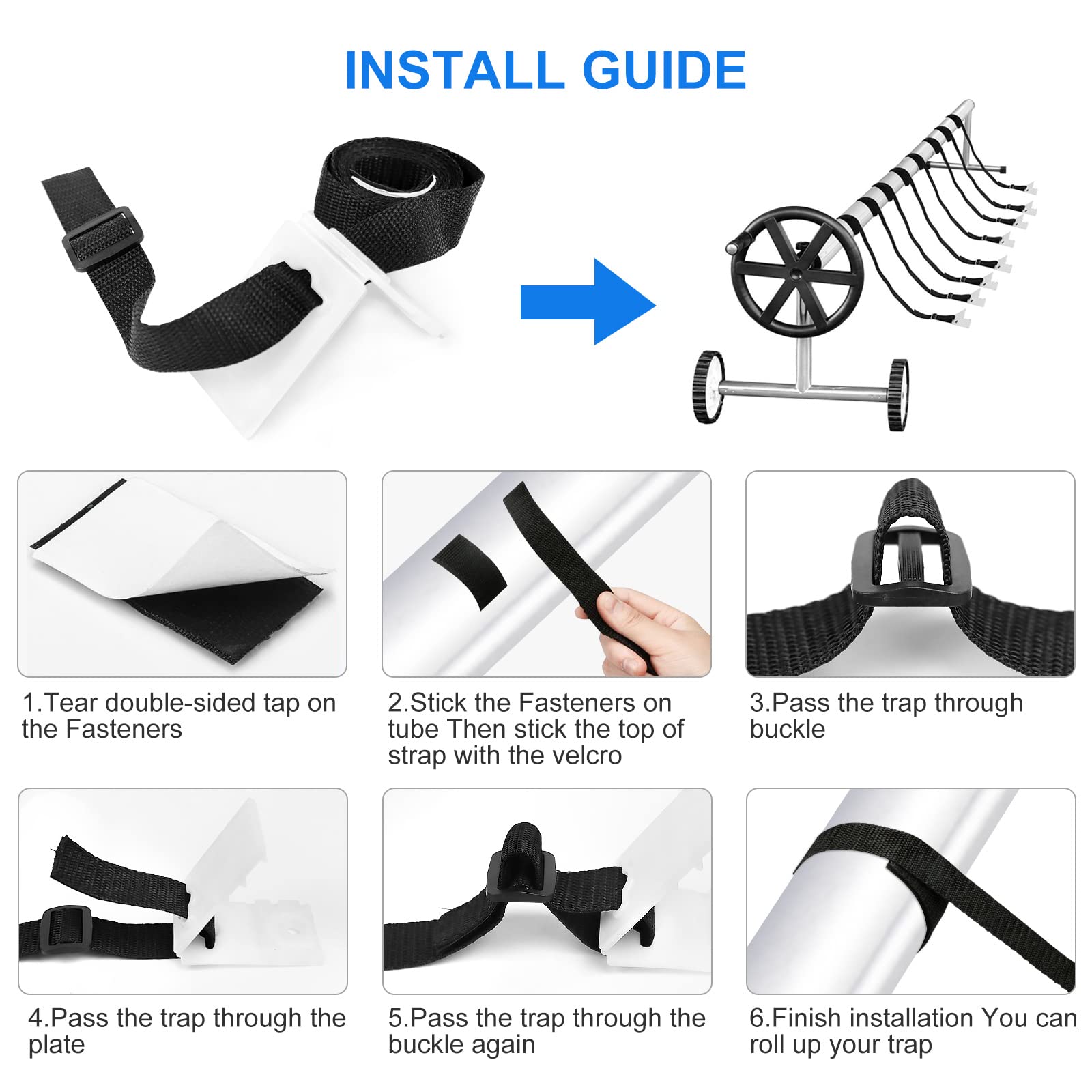 S-Union Kit de Fijación para Carrete de Cubierta Solar,Kit de Correas de Manta Solar para Piscina Universal enterrada Que Incluye 8 Correas de Nailon con lengüetas, 8 Placas de cordón, 8 Hebillas