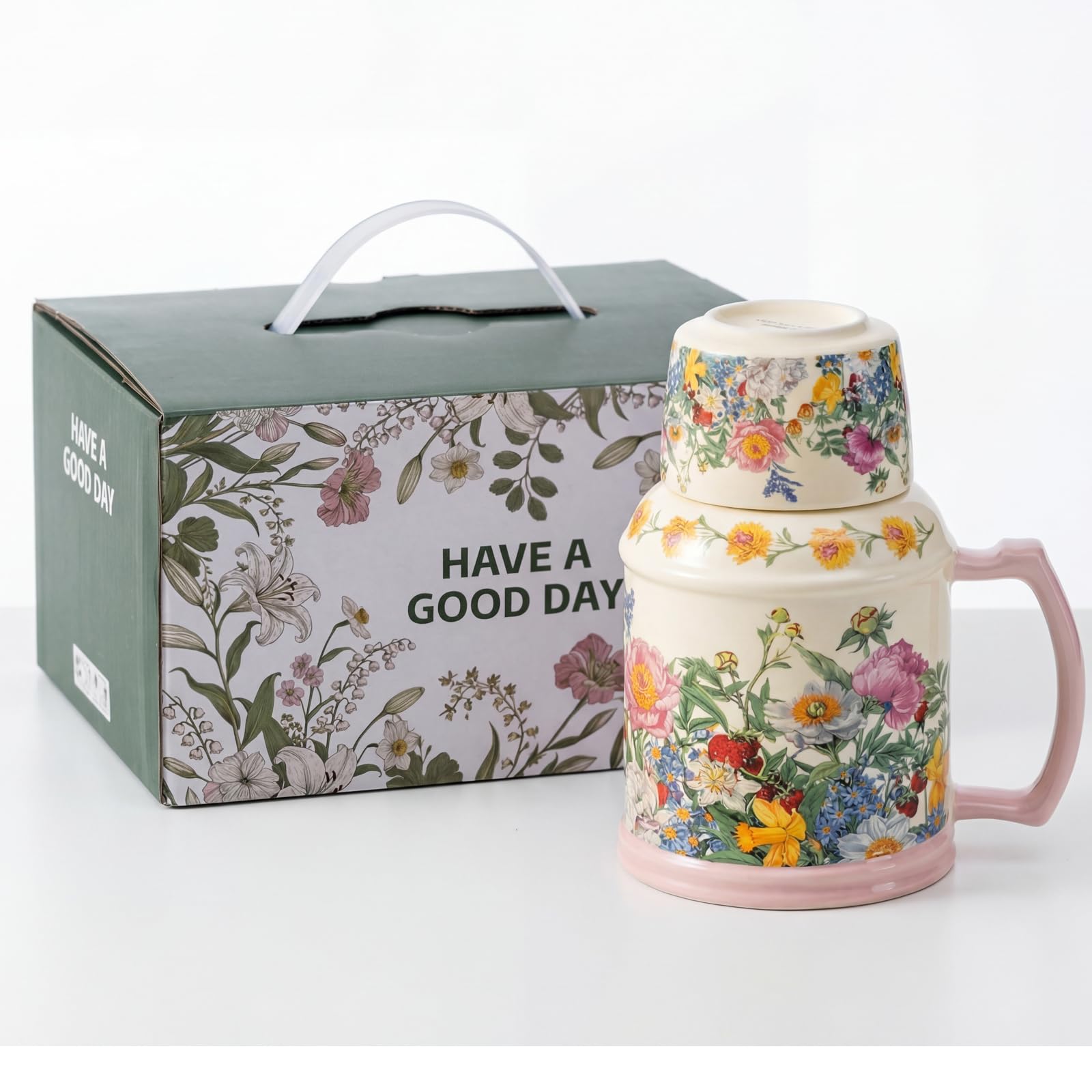 OHAANYY Teiera Vintage in Porcellana 650 ml, Set da Tè 2 in 1 con Tazza (Coperchio Rimovibile), Servizio da Tè Singolo per Casa e Ufficio, Idea Regalo (Fiori Freschi)