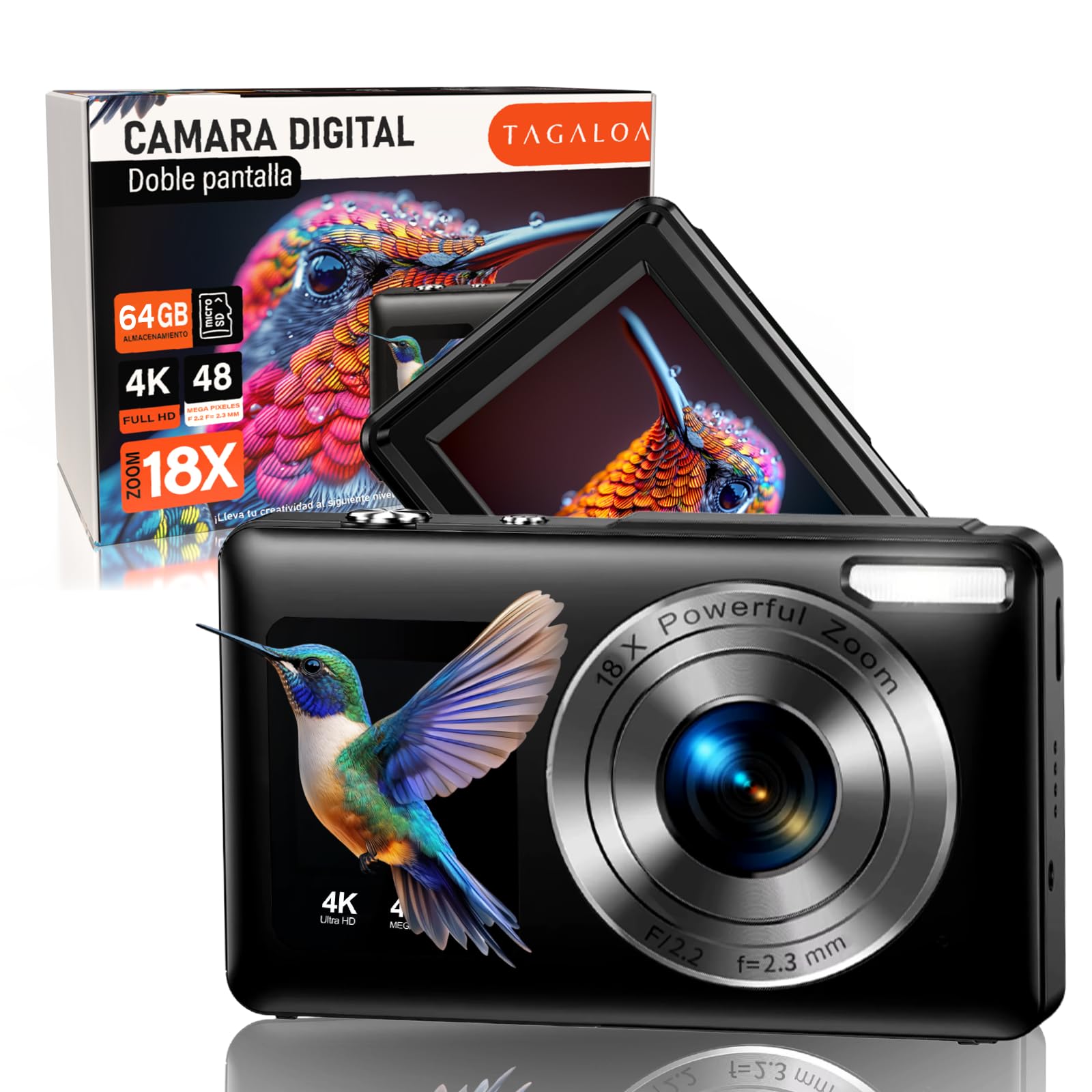 | TAGALOA® Cámara Digital 48MP para Niños con Doble Pantalla, Zoom Digital 18X, Tarjeta SD 64GB Incluida y Bolsa de Transporte – Cámara de Fotos Infantil Retro