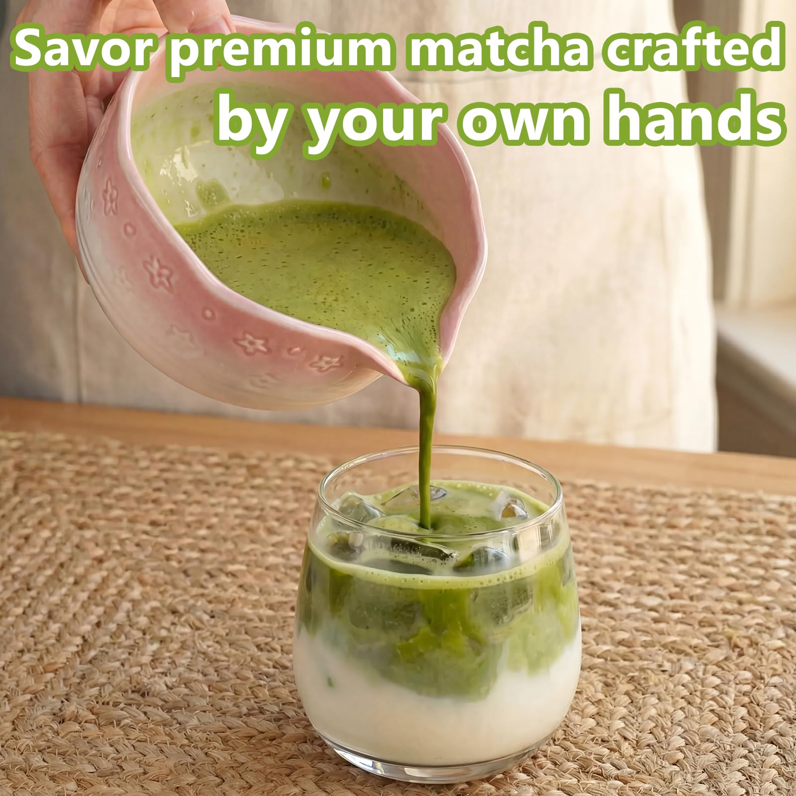 8 pezzi Matcha Kit, Matcha Set design a fiori di ciliegiocon Frusta Matcha, Ciotola, Cucchiaio, Filtro, Supporto, Kit Matcha completo, Elegante Set per Amanti del Matcha(Rosa Sfumato)