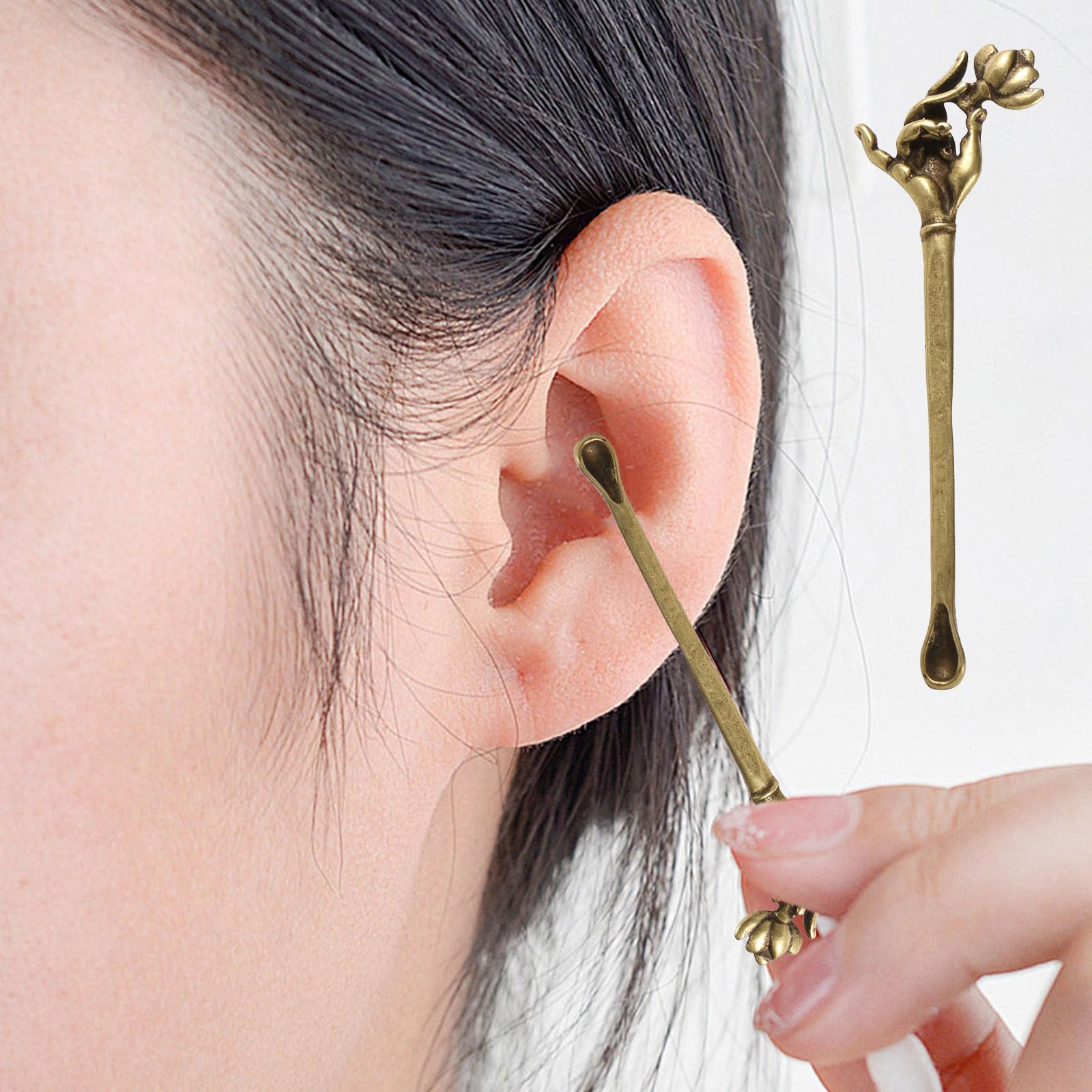 Montesy 2 Pcs/Set Guanyin Hand Flower Ear Spoon Retro Ear Pick Cleaner Portable Ear Waxed Tool for Women and Men