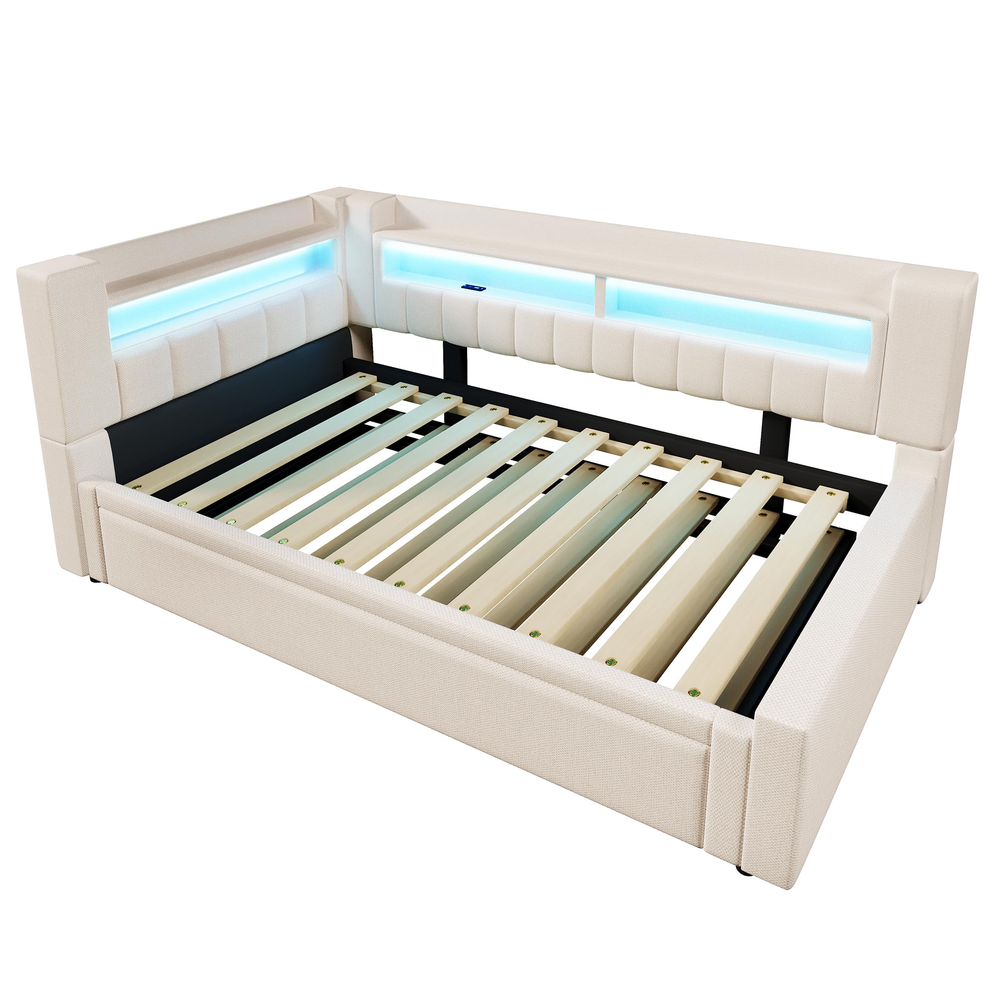 Polsterbett 90/180 x 200 mit LED und USB, Ausziehbares Schlafsofa, Daybett mit Ausziehbett, Sofabett Tagesbett Jugendbett Bettgestell, Leinen, Ohne Matratze, Beige