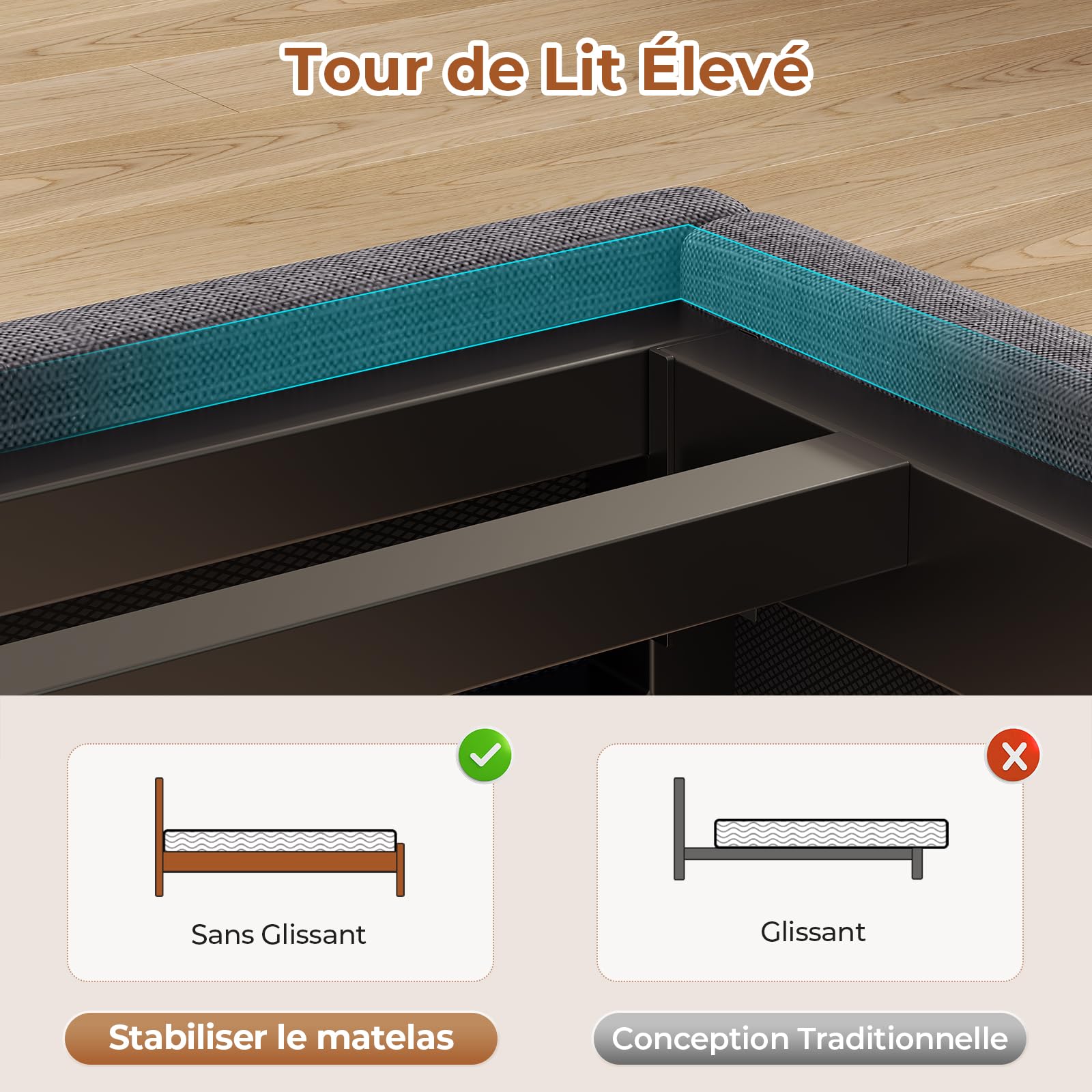 AOGLLATI Lit 2 Personnes avec Multiprise et LED Réglable,Cadre de Lit 140x190 avec Sommier Métal,Capitonnée en Lin Gris, sans Matelas