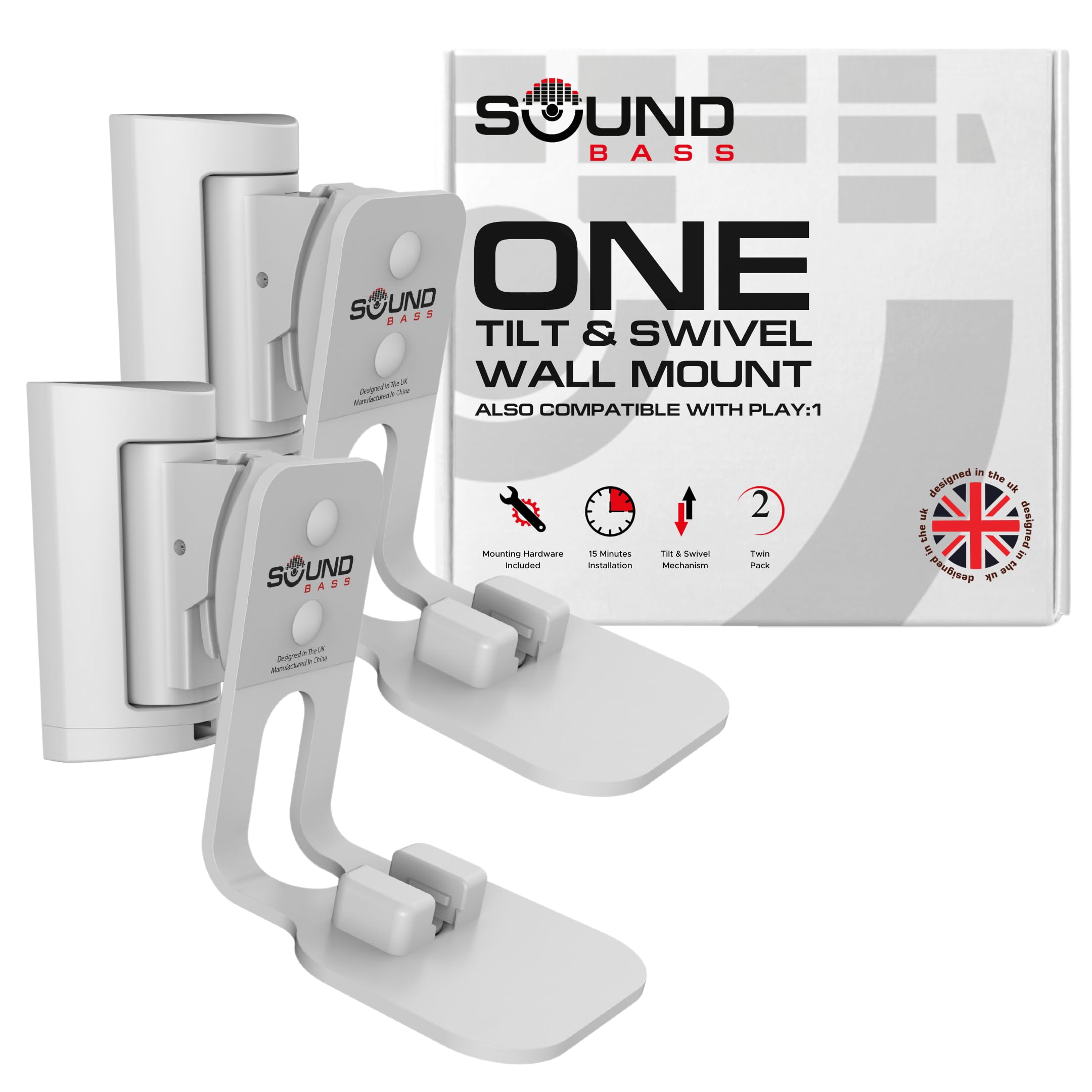 Sound Bass ONE Wall Mount Bracket, Tilt and Swivel, White, Twin (2pcs), Compatible with ONE, ONE Gen 2, ONE SL & Play:1