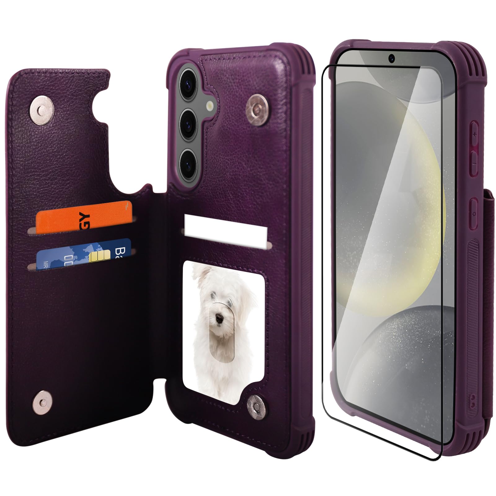 VANAVAGY Galaxy S24 Wallet Case for Women and Men, Leather Flip Folio Phone Cover Fits Magnetic Car Holder with Credit Card Holder, Purple