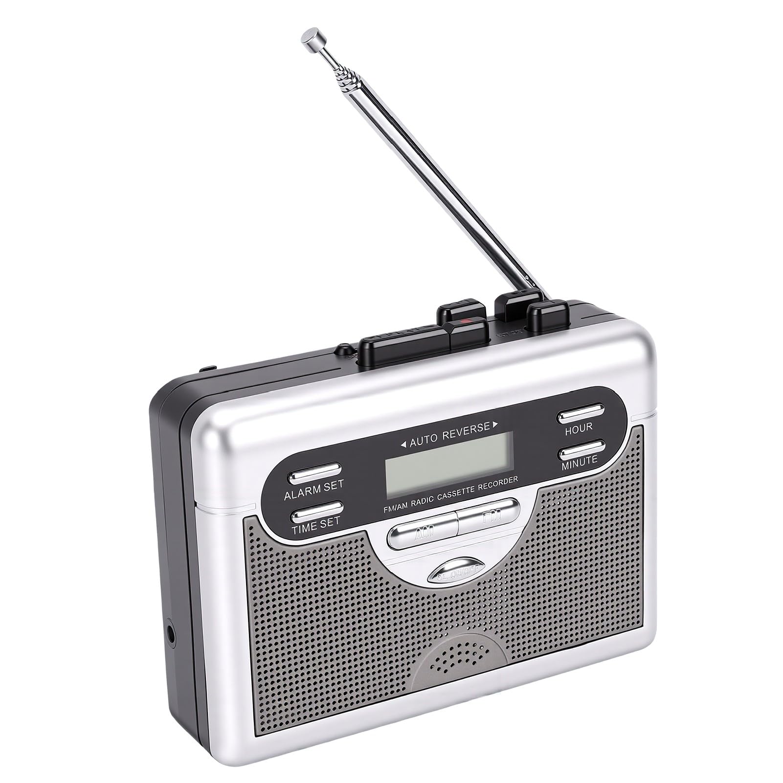 Przenośny Magnetofon Kasetowy z Radiem AM FM | Automatyczne Zatrzymanie / Bieg Wsteczny, Wbudowany Głośnik, Wyświetlacz LED, Zegar / Alarm, Słuchawki 3,5 Mm, Przenośny