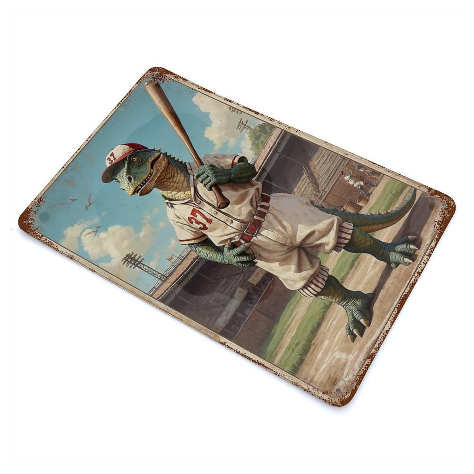 Dino Baseball Classic 37 11.8"x7.9" Rusty Metal Tin Sign, Shabby Chic Decor for Bistro, Counter And Cafe Decor