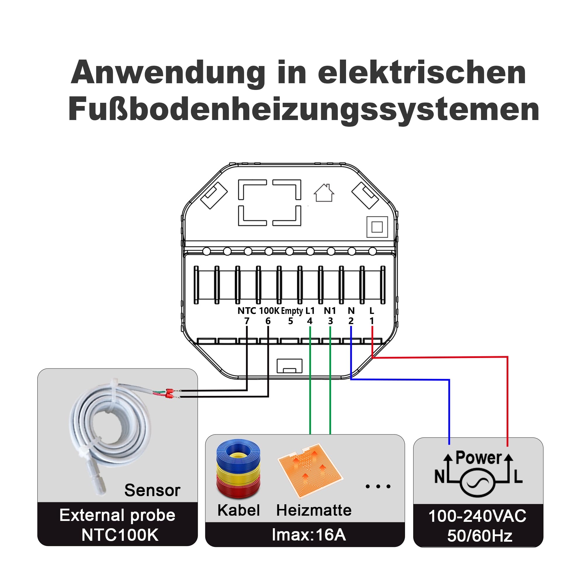 WLAN-Thermostat für elektrische Fußbodenheizung: Kompatibel mit Heizmatten und -kabeln, APP- und Sprachsteuerung (Alexa, Google Assistant), 240 V 16 A, Bodenschutzmodus, mit 100K NTC-Sensor