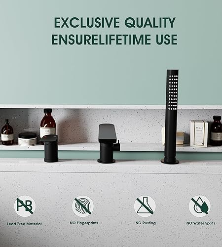 Miniatura 5 de Grifo de bañera romano moderno negro mate con boquilla giratoria de 360, grifo de bañera de montaje en cubierta con ducha de mano, grifo de llenado