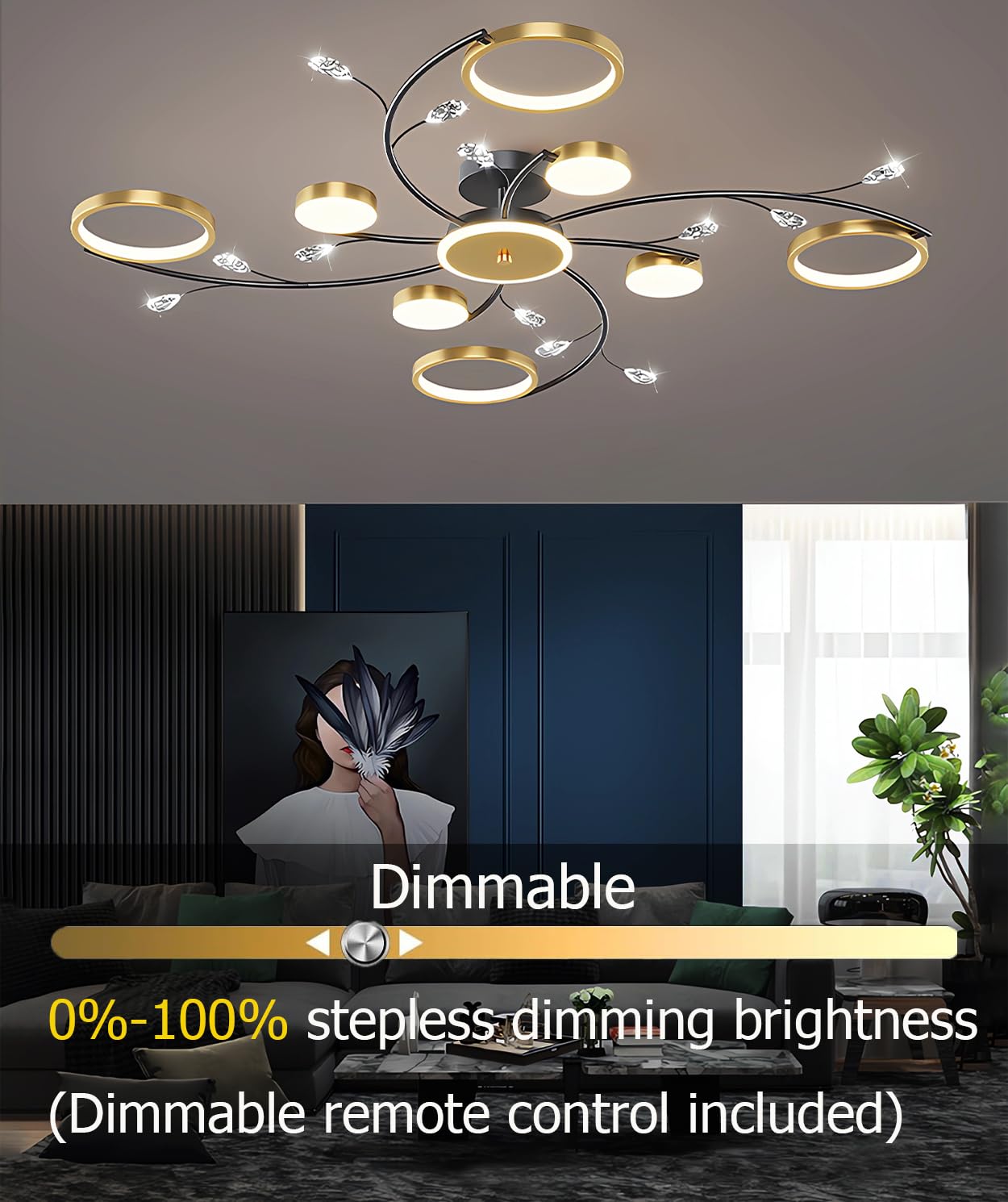 Ściemnialny kryształowy żyrandol LED ze zdalną regulacją 3000K-6000K 110W wielogłowicowa lampa sufitowa do salonu sypialni jadalni Energooszczędna ciepła chłodna biel (8+1 głowic)