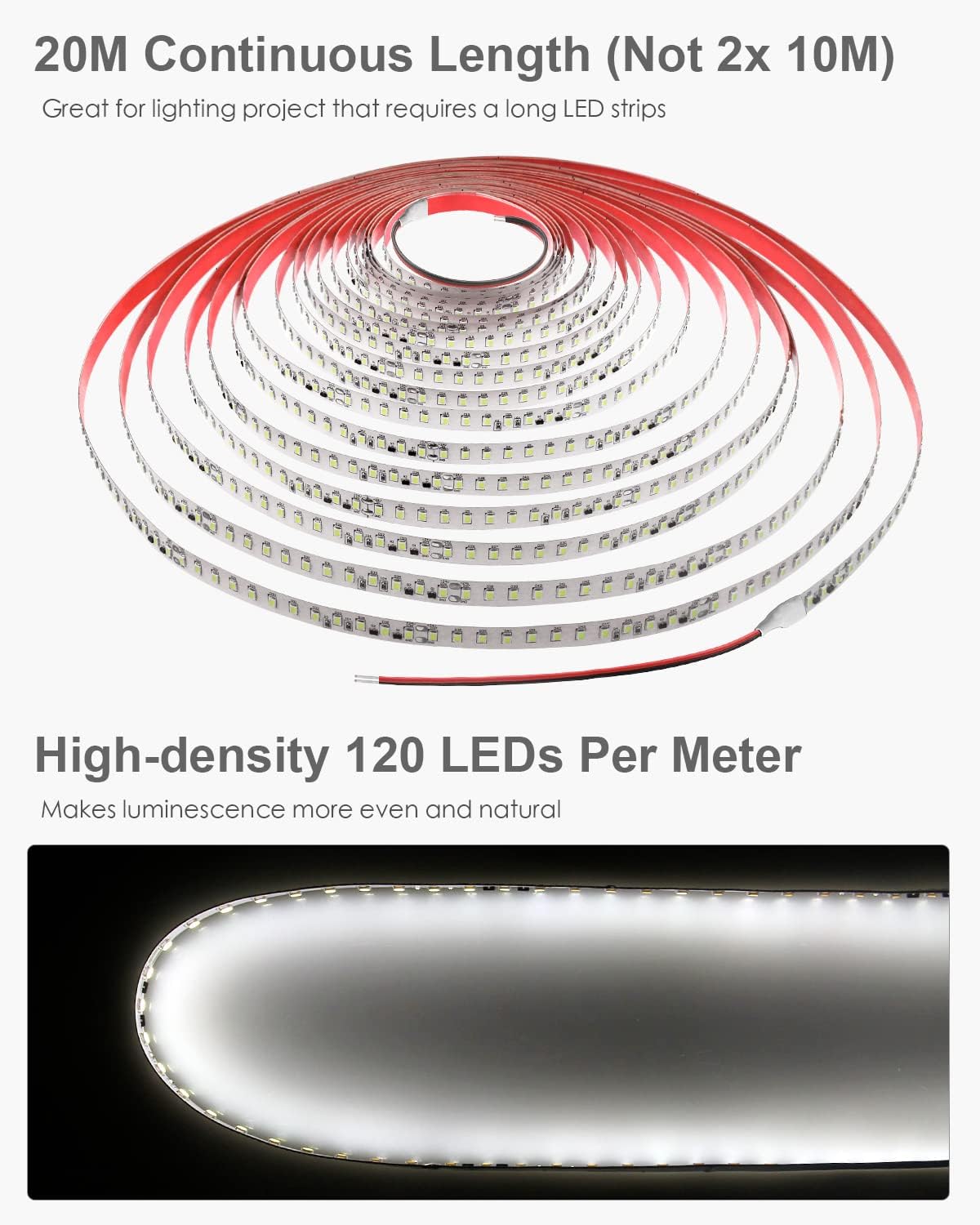 ALITOVE 65.6ft White LED Strip Lights Daylight 6000K 24V Ultra-Bright 120LEDS/M High-Density LED Flexible Light Strip 20M 2400 LEDs 2835 SMD Commercial Grade Rope Lights (No Power Adapter)
