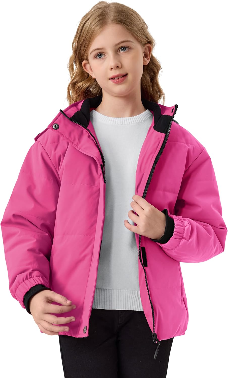 Girls Winter Coats with Removable Hood Waterproof Windproof Warm Fleece Zip Up Outerwear Jackets with Zip Pockets