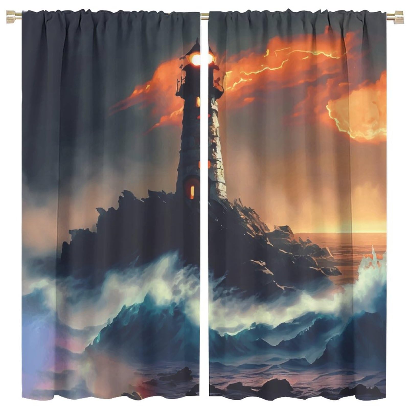 Lighthouse Curtain Gale Rainstorm Sea Wave Lighthouse Blackout Print Rod Pocket Window Drapes for Bedroom Living Room 84x84in