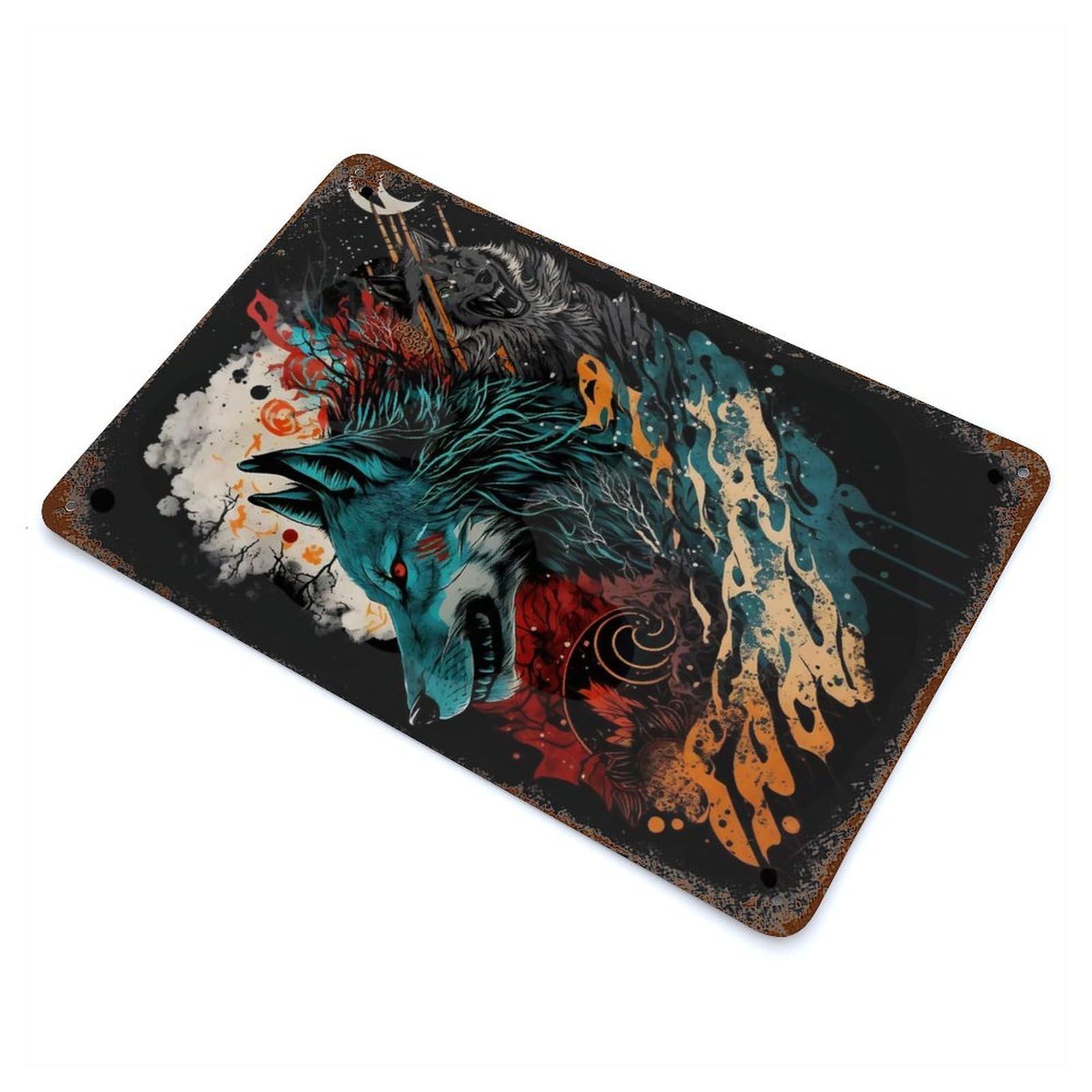 Distressed Metal Wall Sign Vibrant Wolf 11.8"x7.9", Vintage Wall Decor for Cafe, Home Bar And Lounge Decor