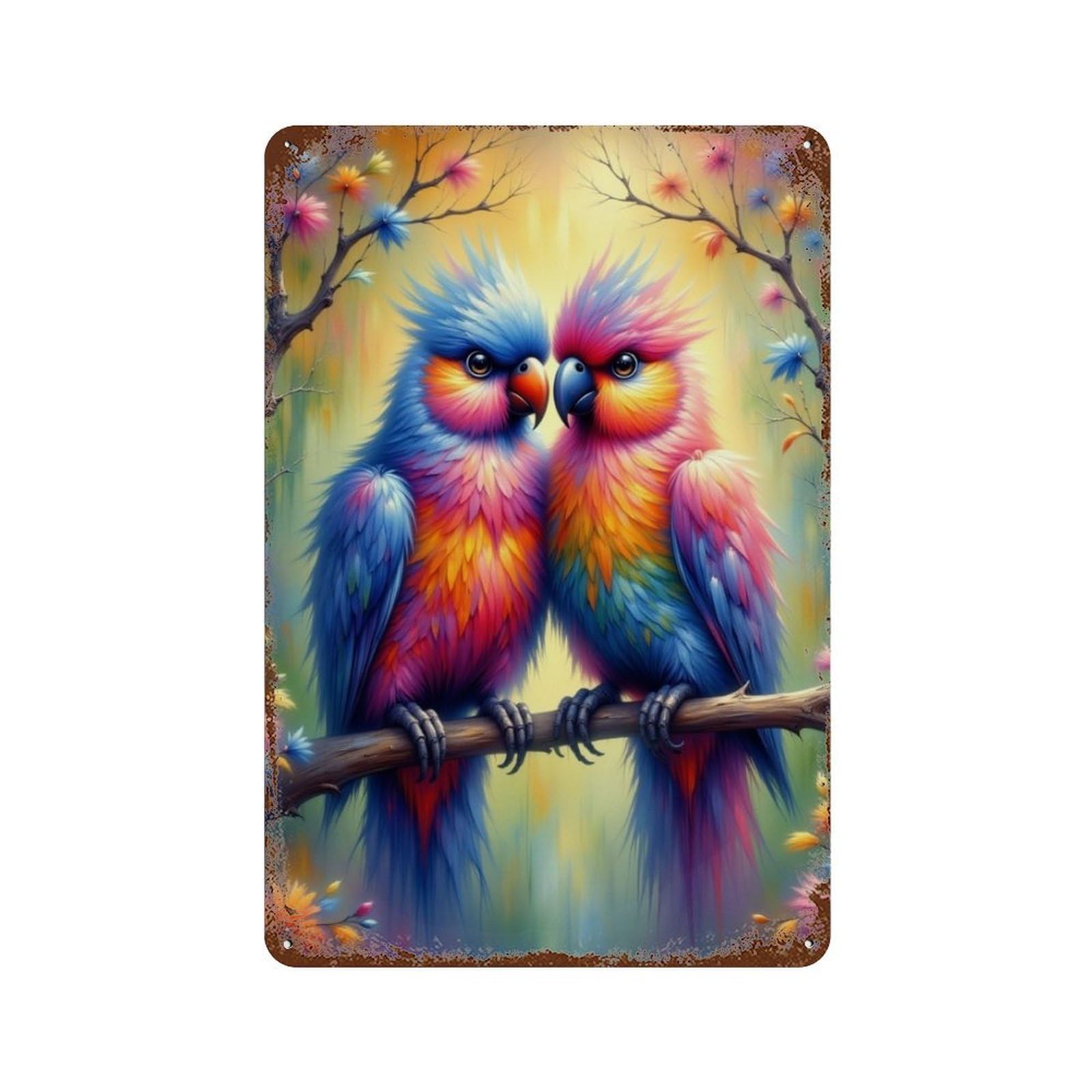 Rust Effect Colorful Parrots in Fantasy Forest Rusty Metal Tin Sign 11.8"x7.9", Decorative Metal Wall Art for Farmhouse, Kitchen And Entryway Decor