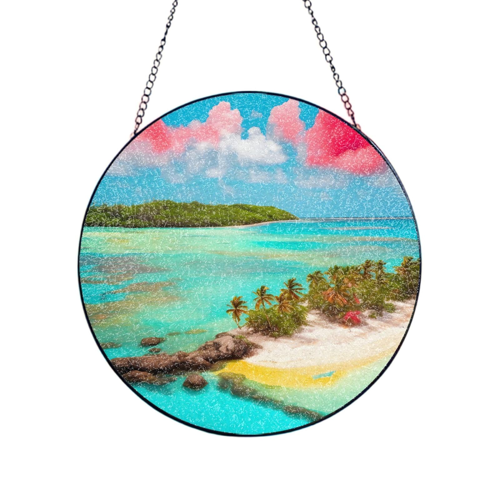 Phayah Caribbean Scenery Print Stained Glass Window Hanging Suncatcher For Door Terrace Garden Home Decor Sun Catcher Birthday Gifts For Lovers Dad Mom 8in（20cm）