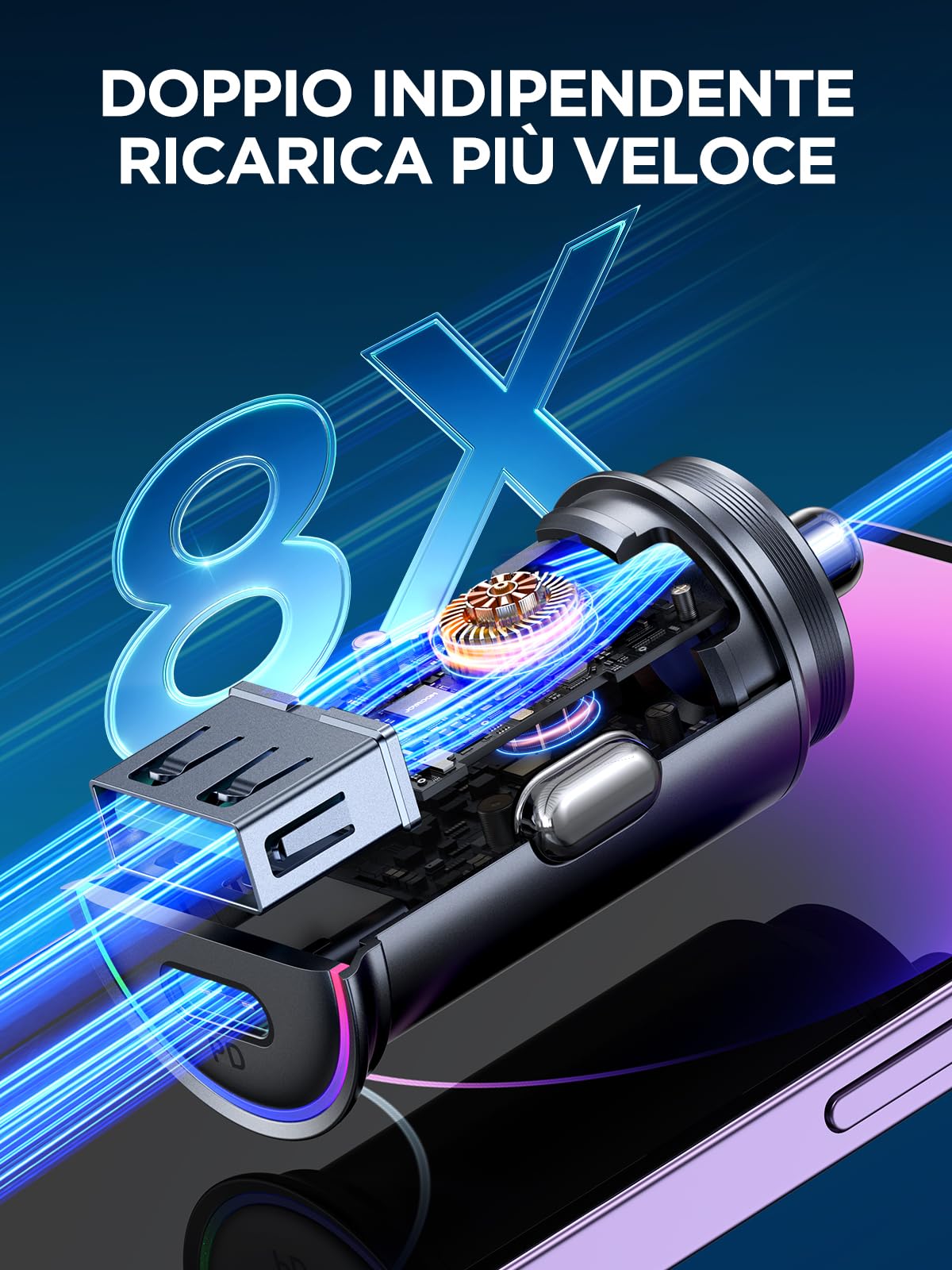 JOYROOM Caricatore USB C 60W PD&QC 3.0 Mini Presa Auto in Metallo con Cavo di Ricarica USB/C a C da 1,5 M Accendisigari con Luce LED per iPhone 15 14 13 Pro Max, Samsung, iPad, AirPods