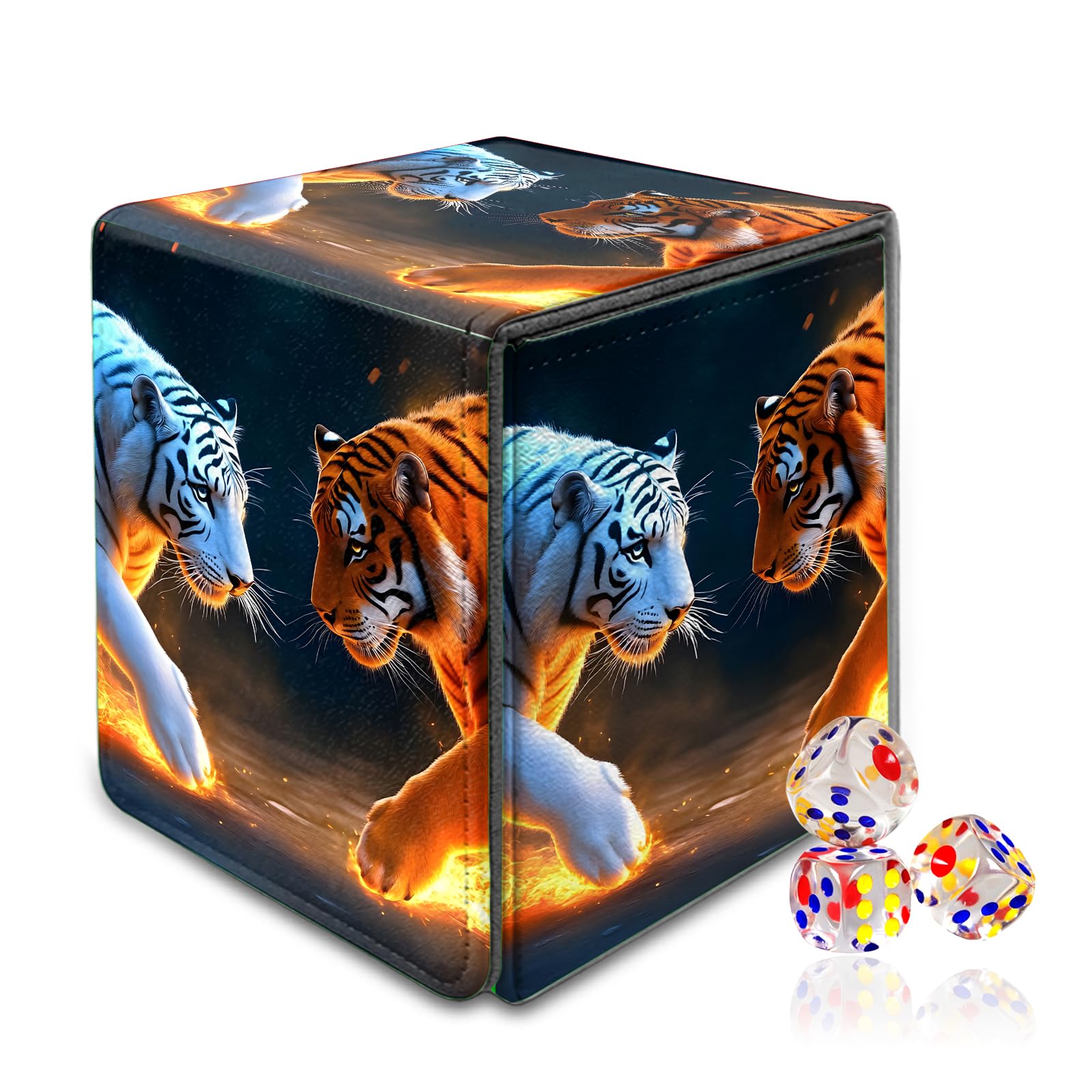 VOGDMKJG Trading Card Deck Box Fit 120+ Single Sleeved Cards,PU Leather Magnetic Closure Card Storage Box With 3 Dice For MTG/TCG/PTCG/Magic/Sport Card Storage Case Vertical Design Water Fire Tiger