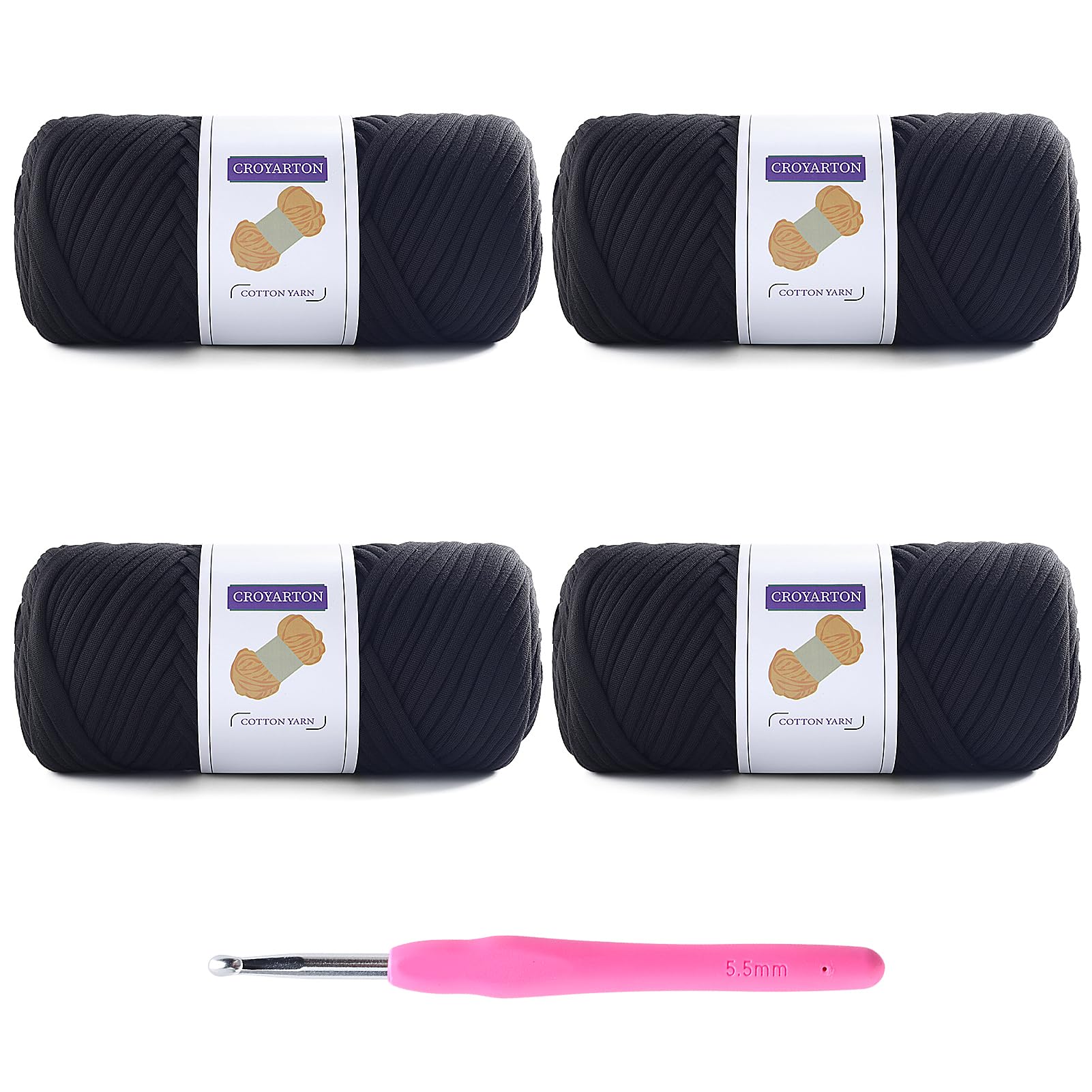 4 Pack Tshirt Yarn for Crocheting, Elastic T Shirt Spaghetti Thick Knitting Yarn Total Length 260 Yds for Crochet Bag Baskets Home Decor with 1 Crochet Hook (4-Black)