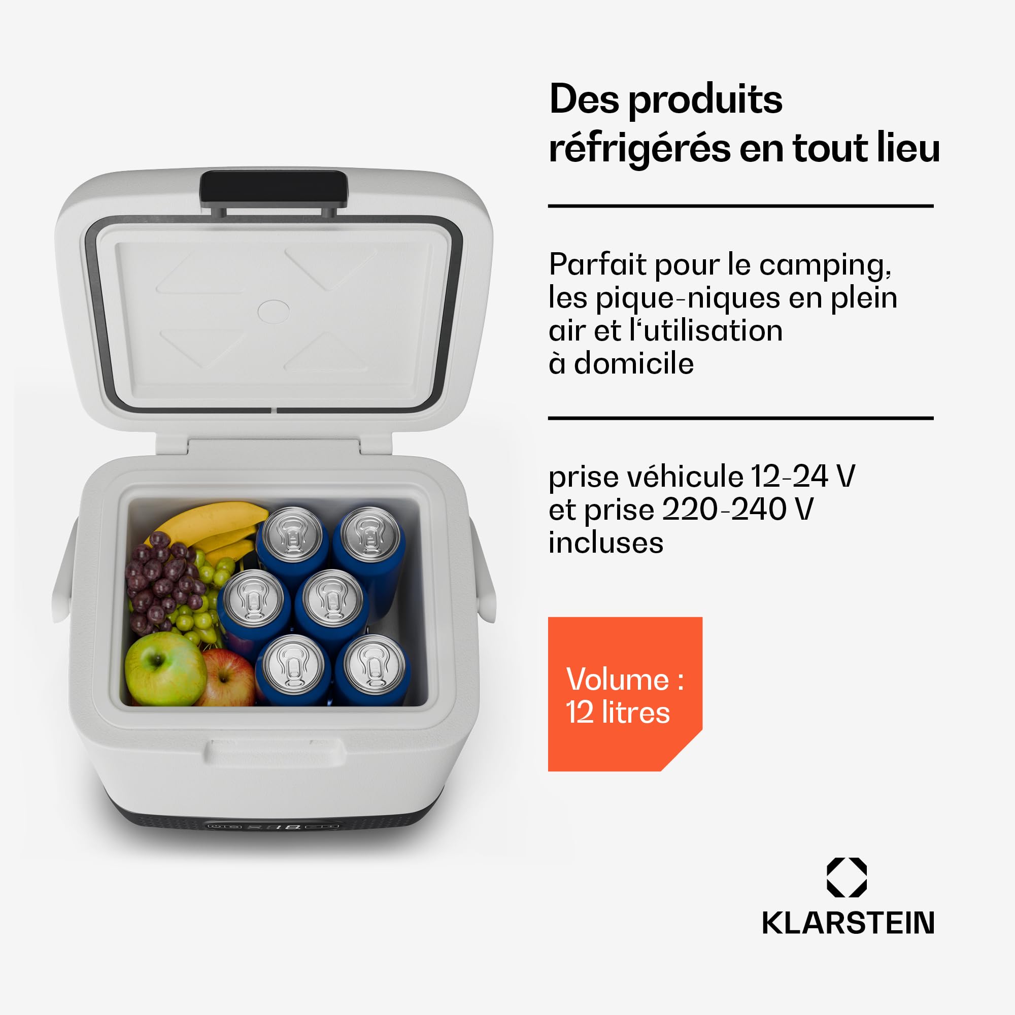 KLARSTEIN Mini Frigo Glacière Électrique Portable 12L SwiftFrost - Grand Écran LCD, Compresseur Puissant, Design Mobile Antichoc, Alimentation Polyvalente, Accessoires Inclus, blanc