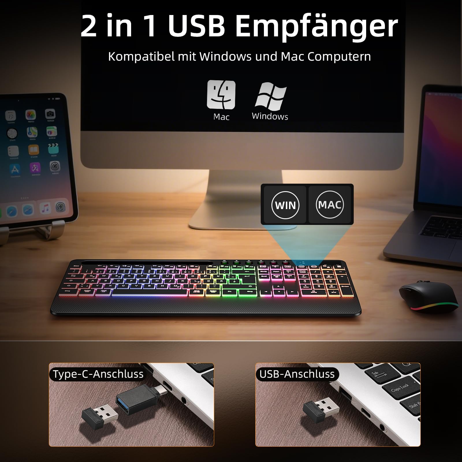 Hamile Tastatur Maus Set kabellos Beleuchtete mit Handyhalter, 2,4G QWERTZ
