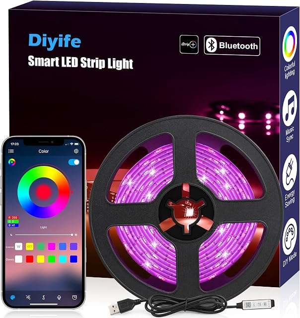 Diyife Taśma LED [Sterowanie za Pomocą Aplikacji i Przycisków], Taśma LED RGB 3M, Połączenie Bluetooth, Interfejs USB, Elastyczny łańcuch świetlny, Timer/Muzyka/Synchronizacja Głosu, Zmiana Koloru, do