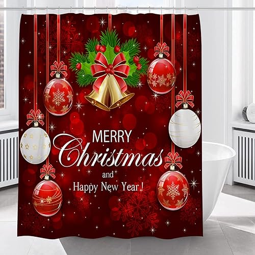 Cortina de ducha de Navidad, campanas rojas, bolas de colores, cortina de ducha con lazo de feliz año nuevo, cortina de ducha de copo de nieve, 72 x