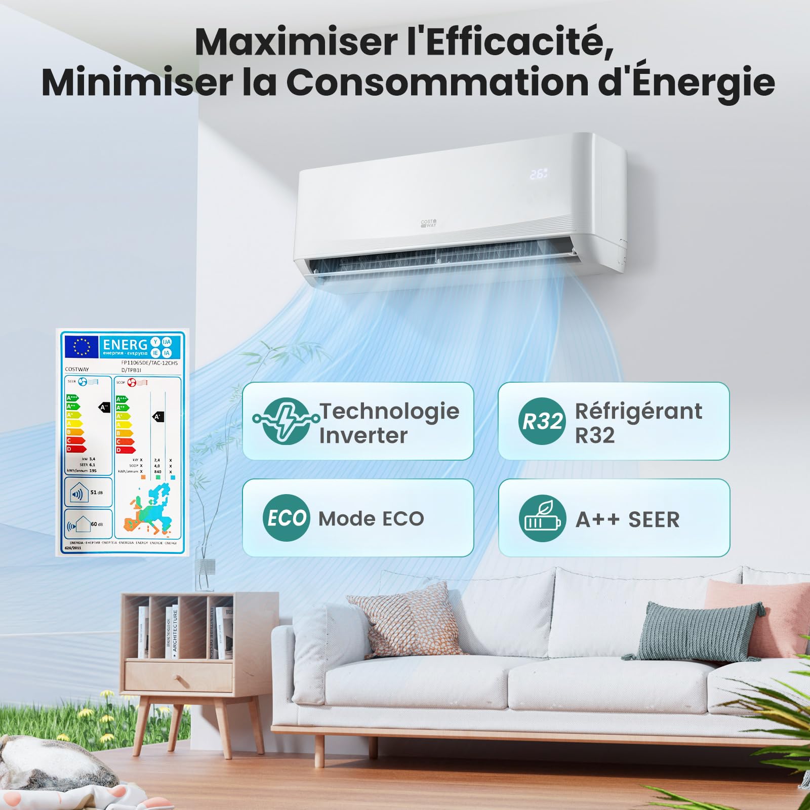 COSTWAY Climatiseur Monosplit 12000 BTU 3,4 kW, Clim Inverter Réversible Pompe à Chaleur, R32, Classe A++ / A+, Faible Consommation, Unité Intérieure et Extérieure, Auto-nettoyage, Kit d’Installation