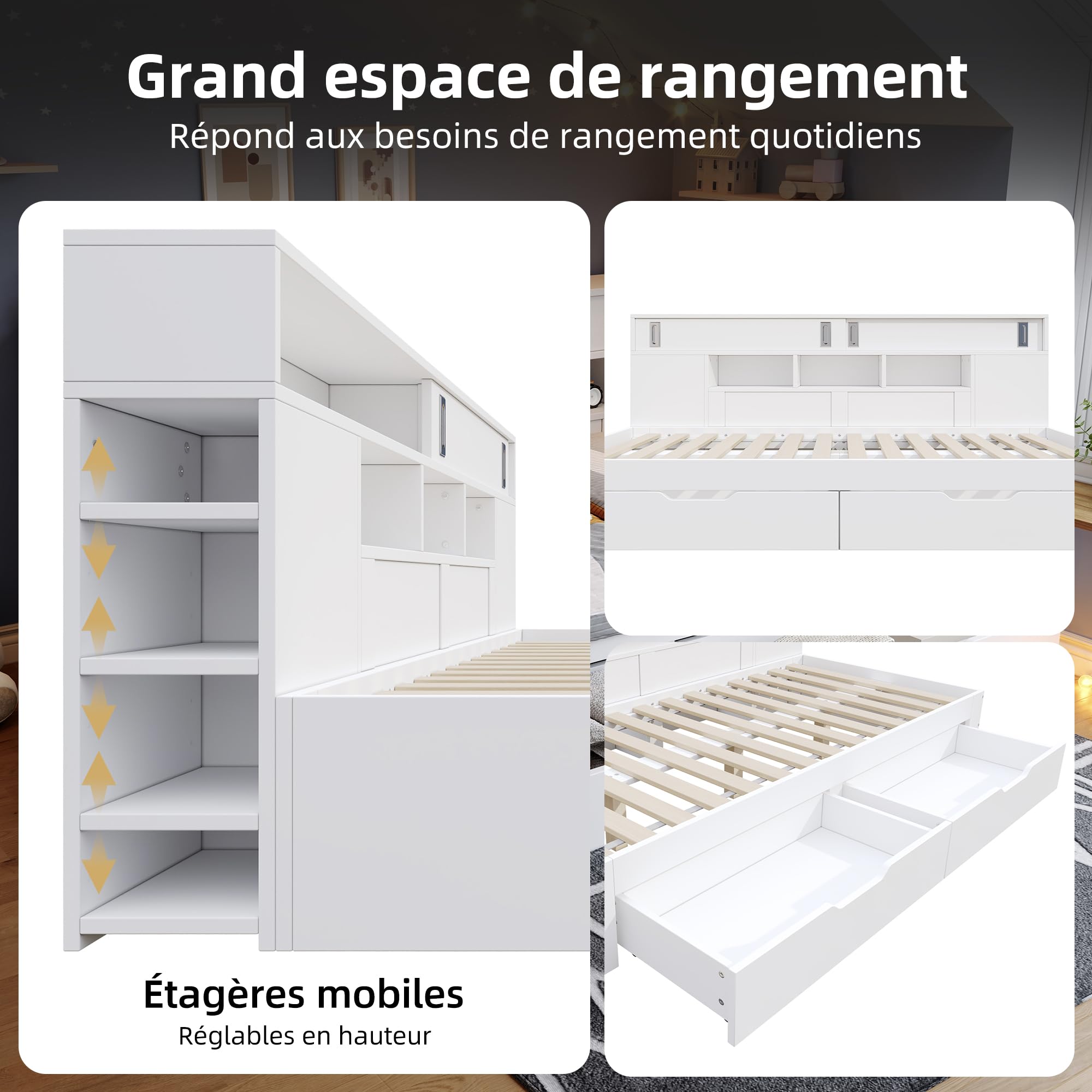Zepneiy - Cama de 140 x 190 con cajones y estante, cama doble 140 x 190 con armario de almacenamiento, caja fuerte con espacio de almacenamiento, marco blanco (sin colchón)
