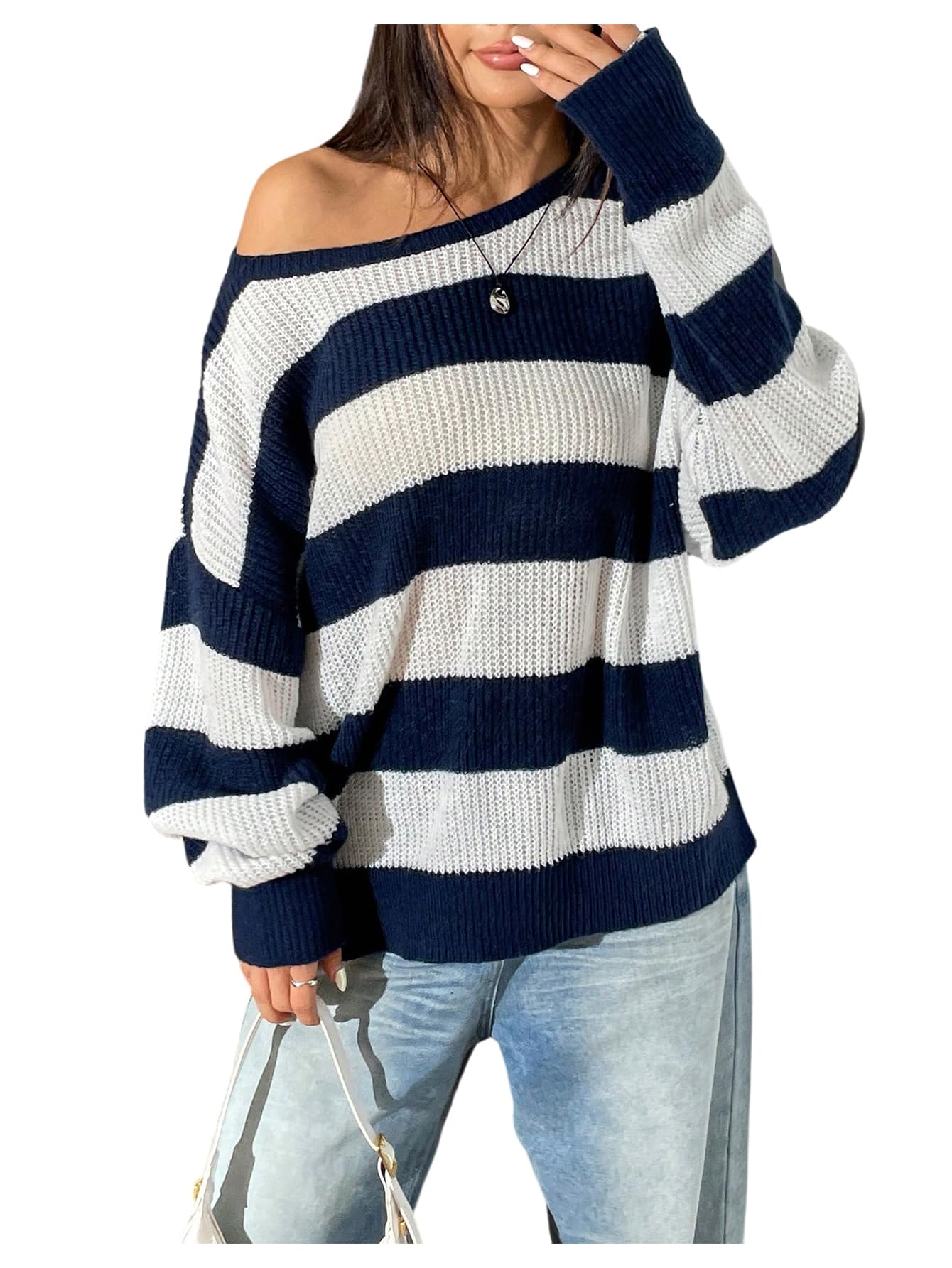 Floerns Womens Striped Boat Neck Loose Sweater Long Sleeve Drop Shoulder Pullover Top