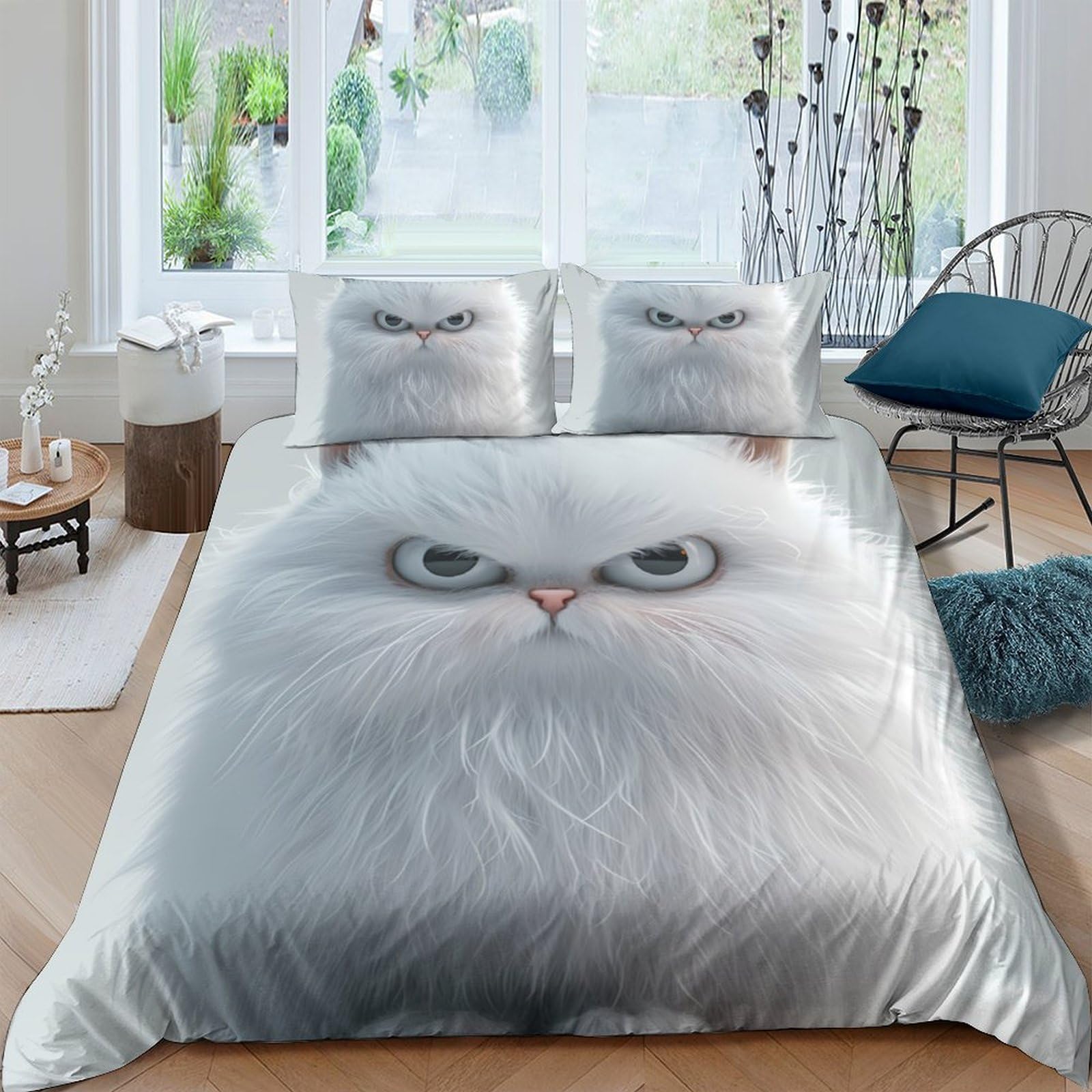 Ctjqhvkz Style-9 3D Printed Angry White Cat Fitted Sheet Microfiber Soft Anti-Slip Bed Cover Fluffy Face Bedroom Decor Mattress Protector Single（135X200cm）
