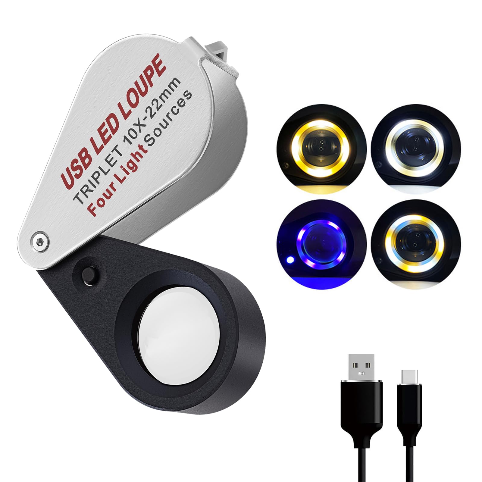 Lupa de joyería recargable por USB con luces UV y LED, cuatro tipos de luz, lupa de ojo iluminada plegable para joyas, piedras preciosas, monedas, sellos, relojes