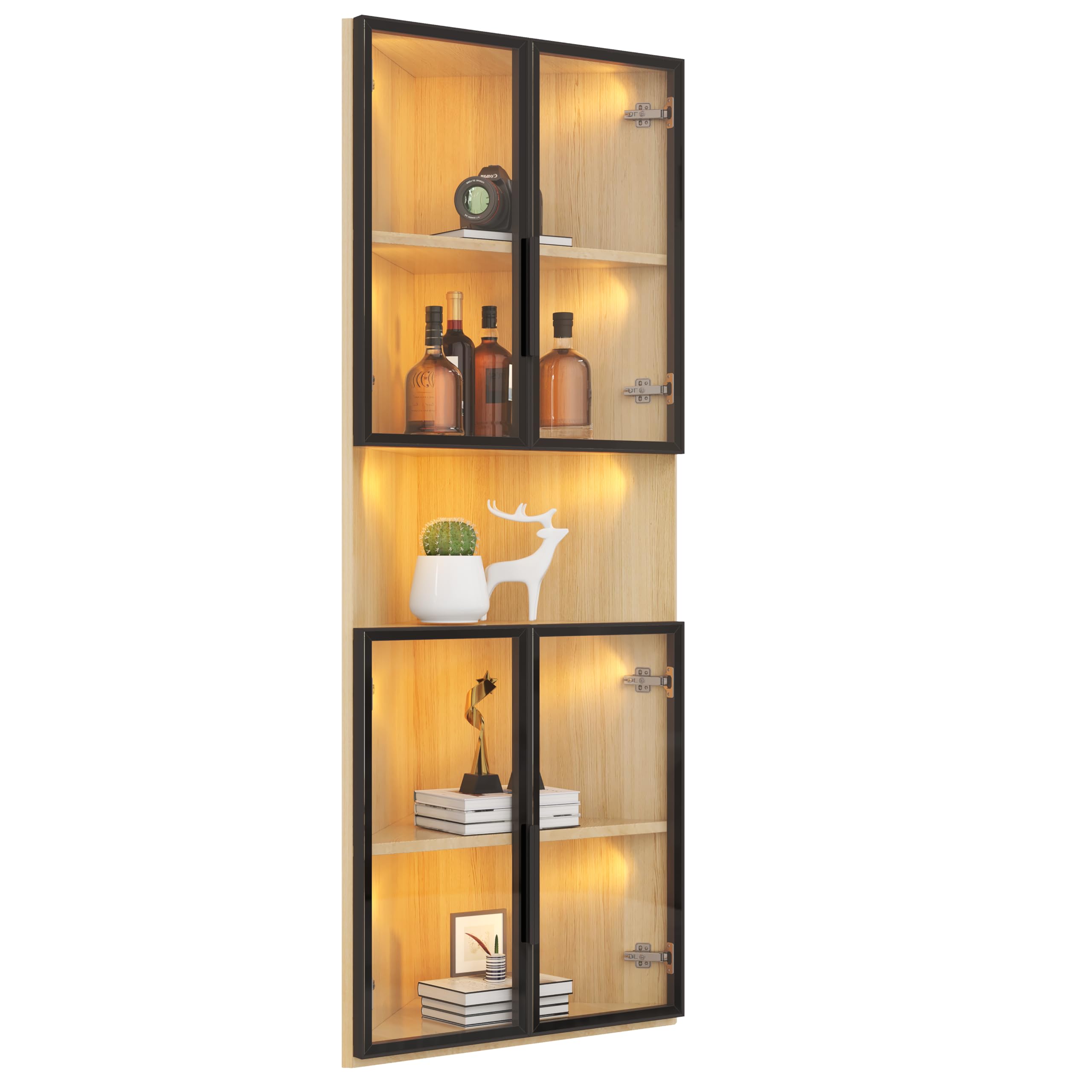REXO Vetrina in vetro a LED, 62 × 32 × 160 cm, effetto rovere, striscia luminosa a LED, vetro temperato antipolvere, vetrina angolare con porta, libreria, vino e bagno