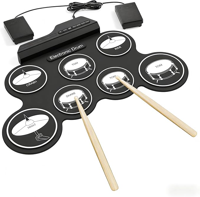 Electric drum set, 7-pad electronic drum set, roll up drum practice mat, excellent holiday Christmas and birthday gift