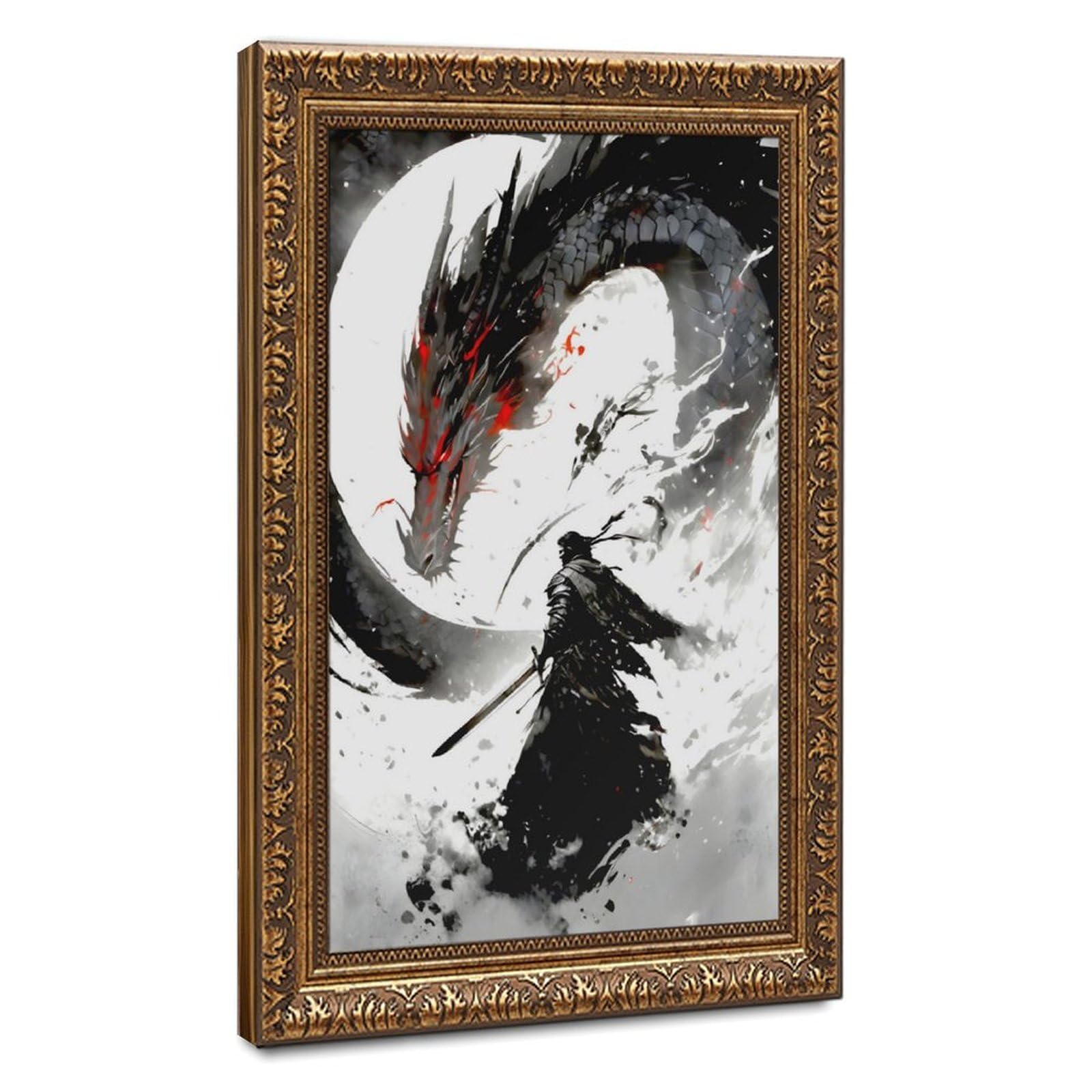 Bareronor Samurai And Dragon Canvas Poster Bedroom Decor Landscape Office Room Decor Gift 24" L X 36" W