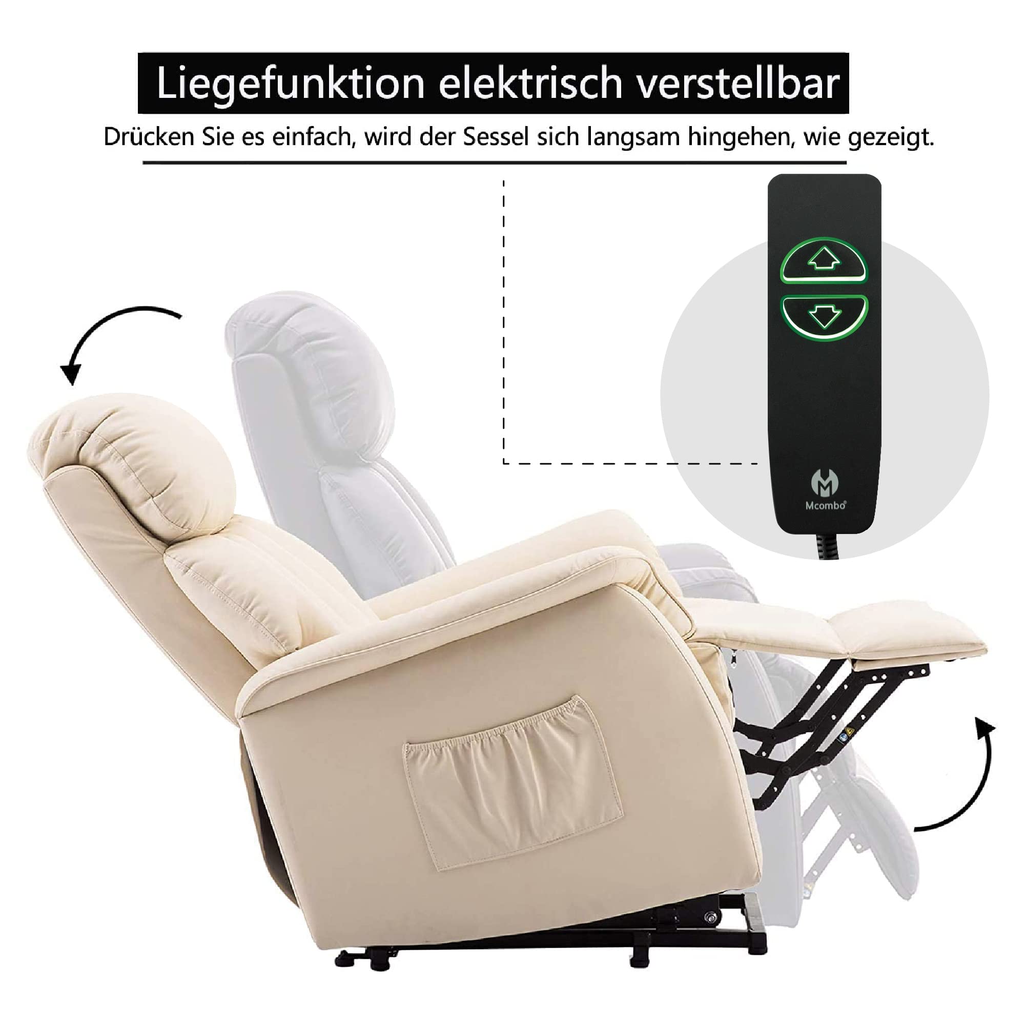 M MCombo Fernsehsessel mit Aufstehhilfe Elektrisch, Relaxsessel mit Liegefunktion, Seniorensessel für Wohnzimmer, TV Sessel mit Liegefunktion bis 140° 7299(Kunstleder, Cremeweiß)