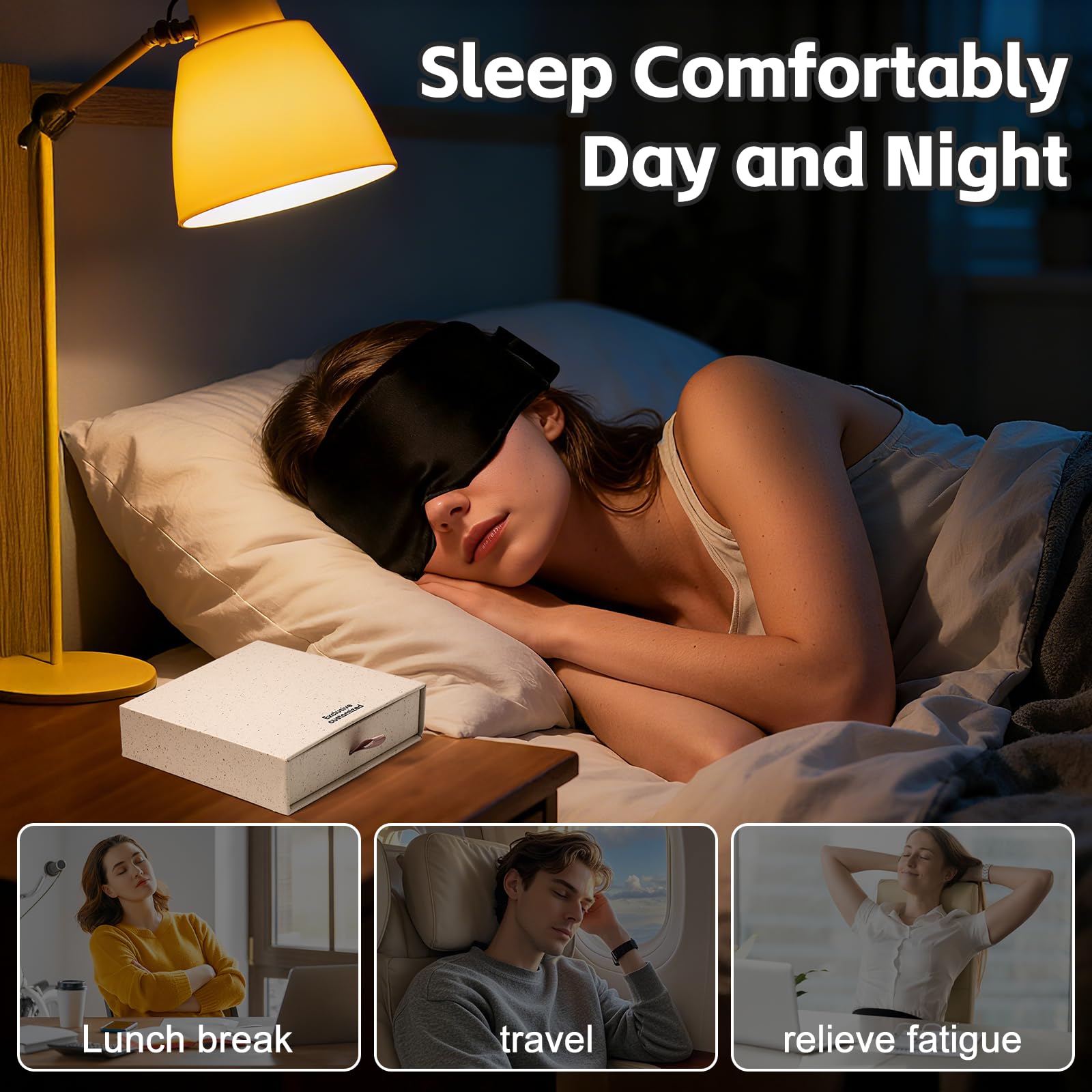 Sleep Mask Silk, maska ​​do snu maska ​​wykonana ze jedwabiu, miękka i oddychająca, śpiąca maska ​​z regulowanym opaską dla kobiet i mężczyzn (Czarny)