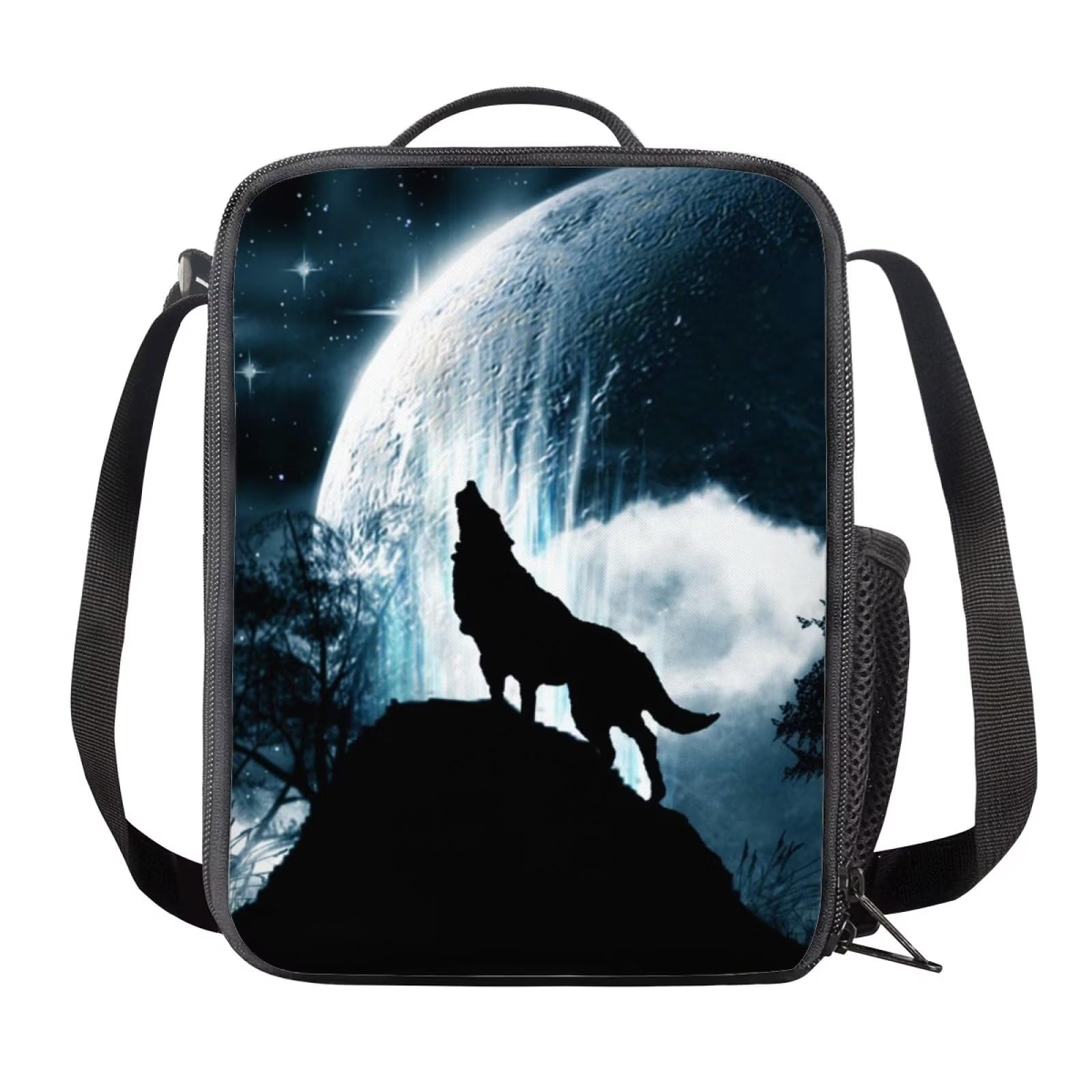 NETILGEN Lunchbox with Zipper and Shoulder Strap Insulated Mini Small Lunch Bag Crossbody Pouch for Kids Children Lunch Bag, Mountaintop Wolf โ image 1