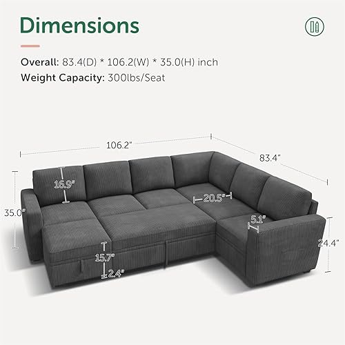 Miniatura 2 de HONBAY Sofá modular modular con cama extraíble, sofá cama de pana con otomana de almacenamiento, sofás seccionales en forma de U para sala de estar,