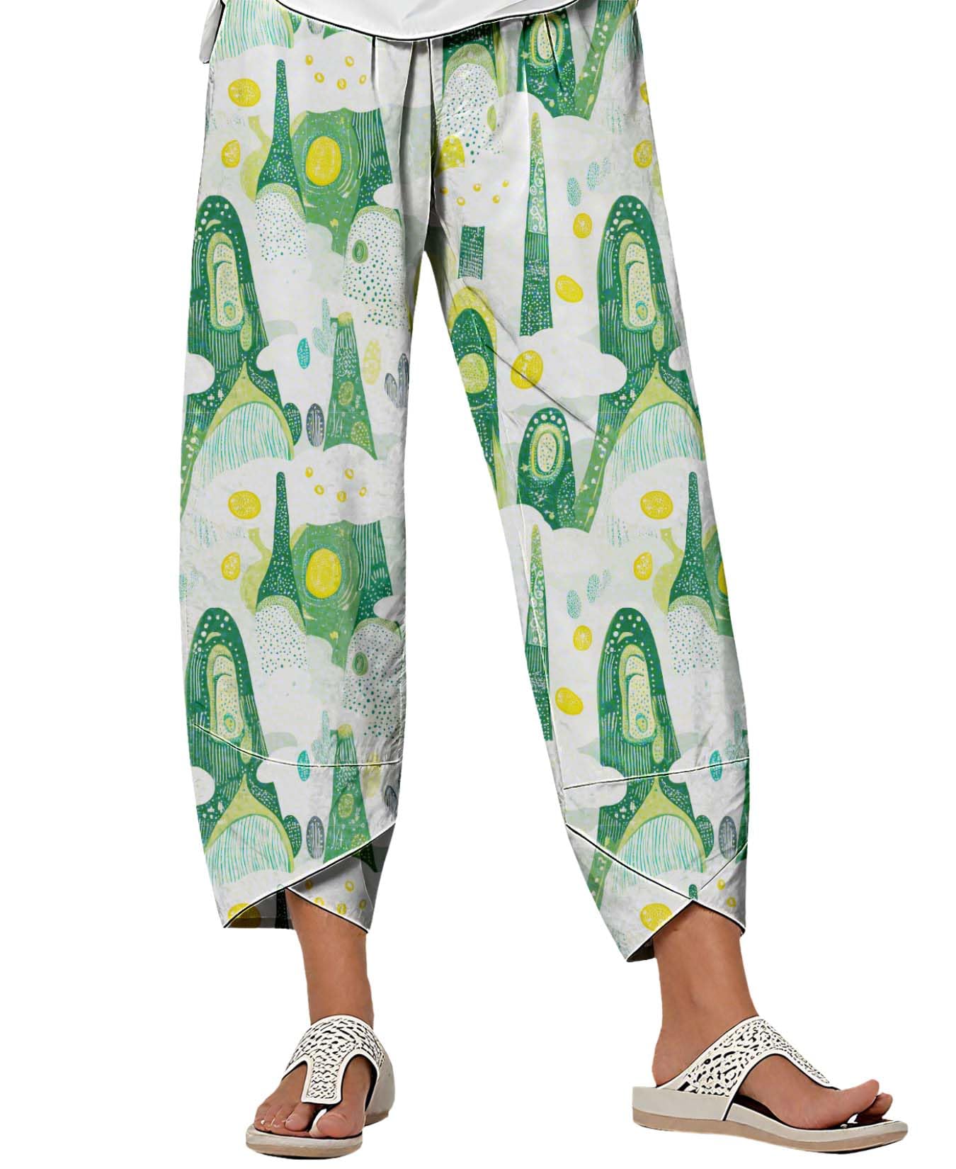 Summer Cotton Linen Printed Pants Casual Cropped Palazzo Lounge Pants Trendy Comfy Baggy Trousers with Pockets