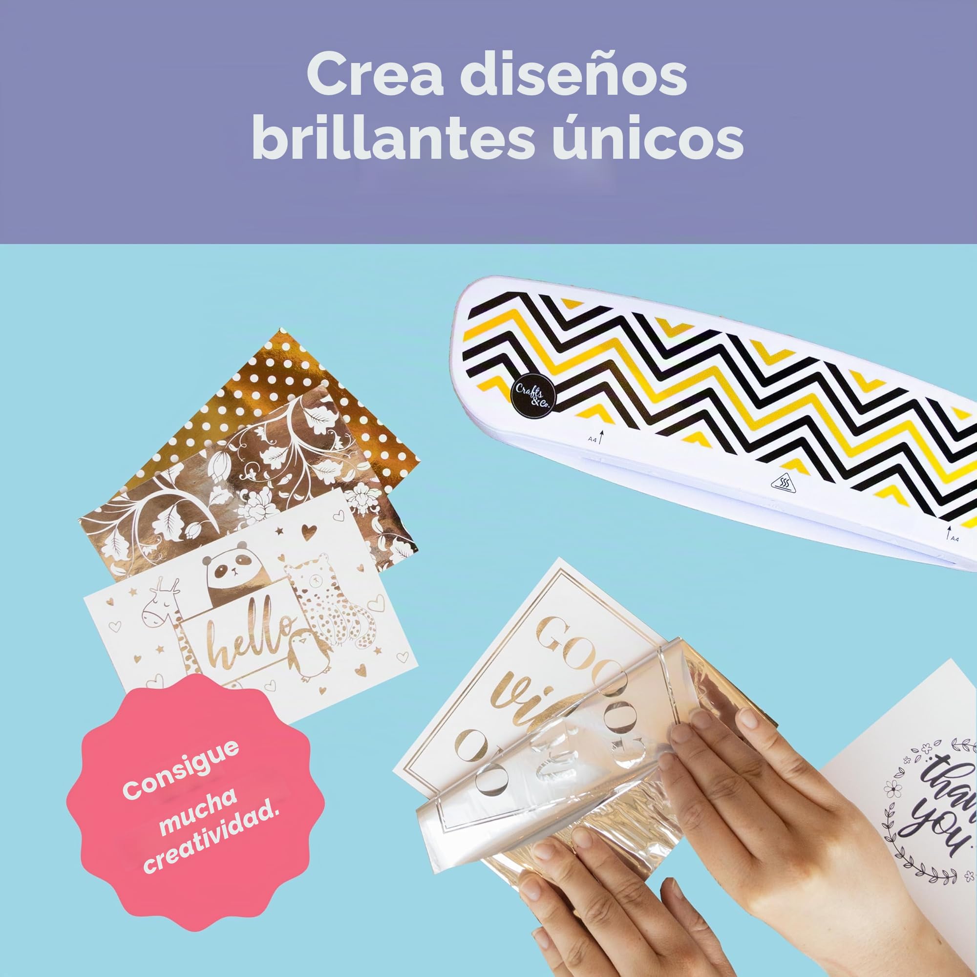 Crafts&Co® Hot Foil Applicator | Incluye 5 Láminas Plateadas y 5 Doradas, 10 Tarjetas A6 Impresas + 1 Carpeta Transparente | Blanco