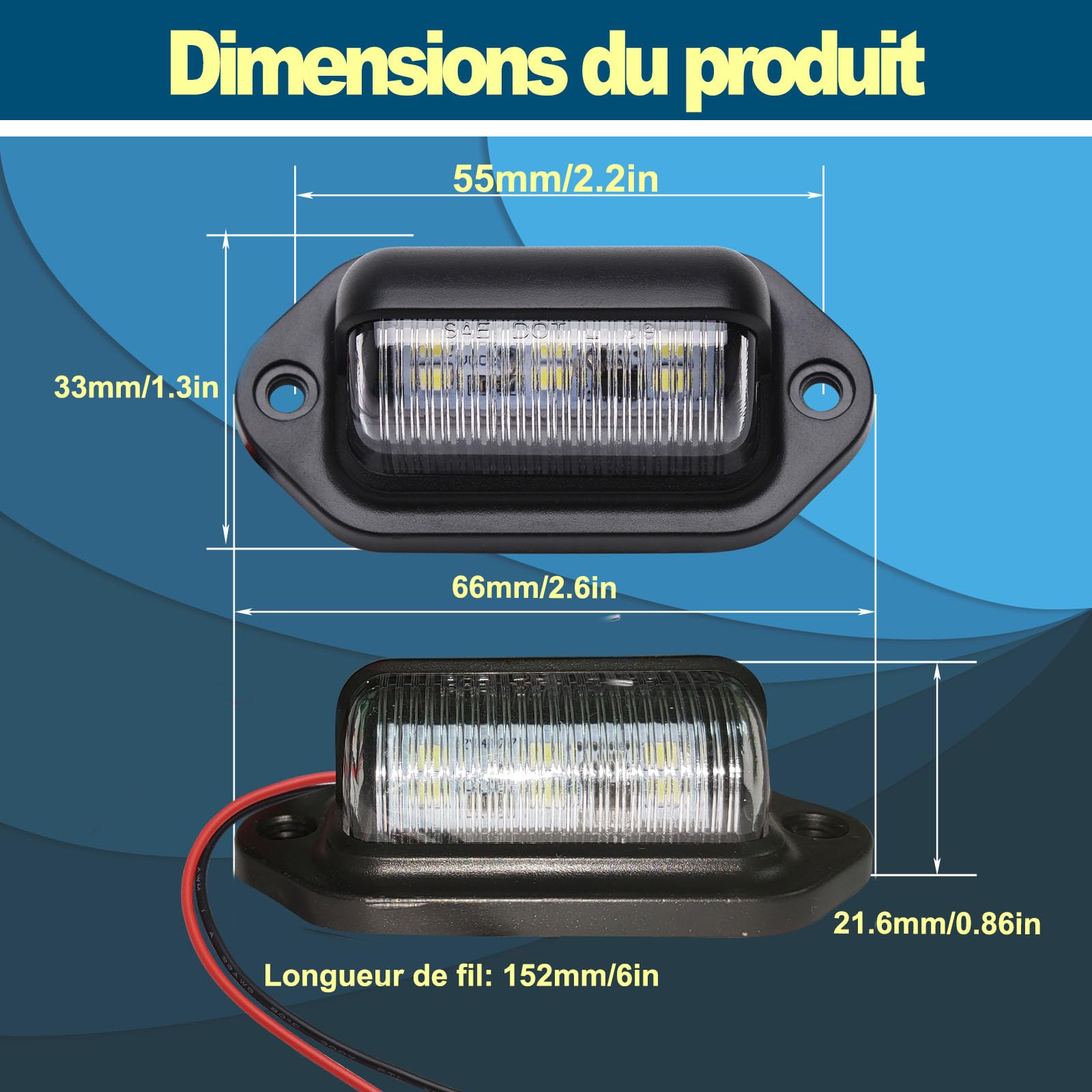 Lot De 2 Feux De Plaque D'immatriculation, 12 V, 6 LED, Feu