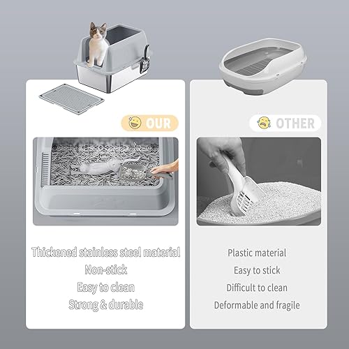 Miniatura 5 de Caja de arena de acero inoxidable, caja de arena grande para gatos con alfombrilla de arena para gatos, 23.62 pulgadas de largo x 15.75 pulgadas de