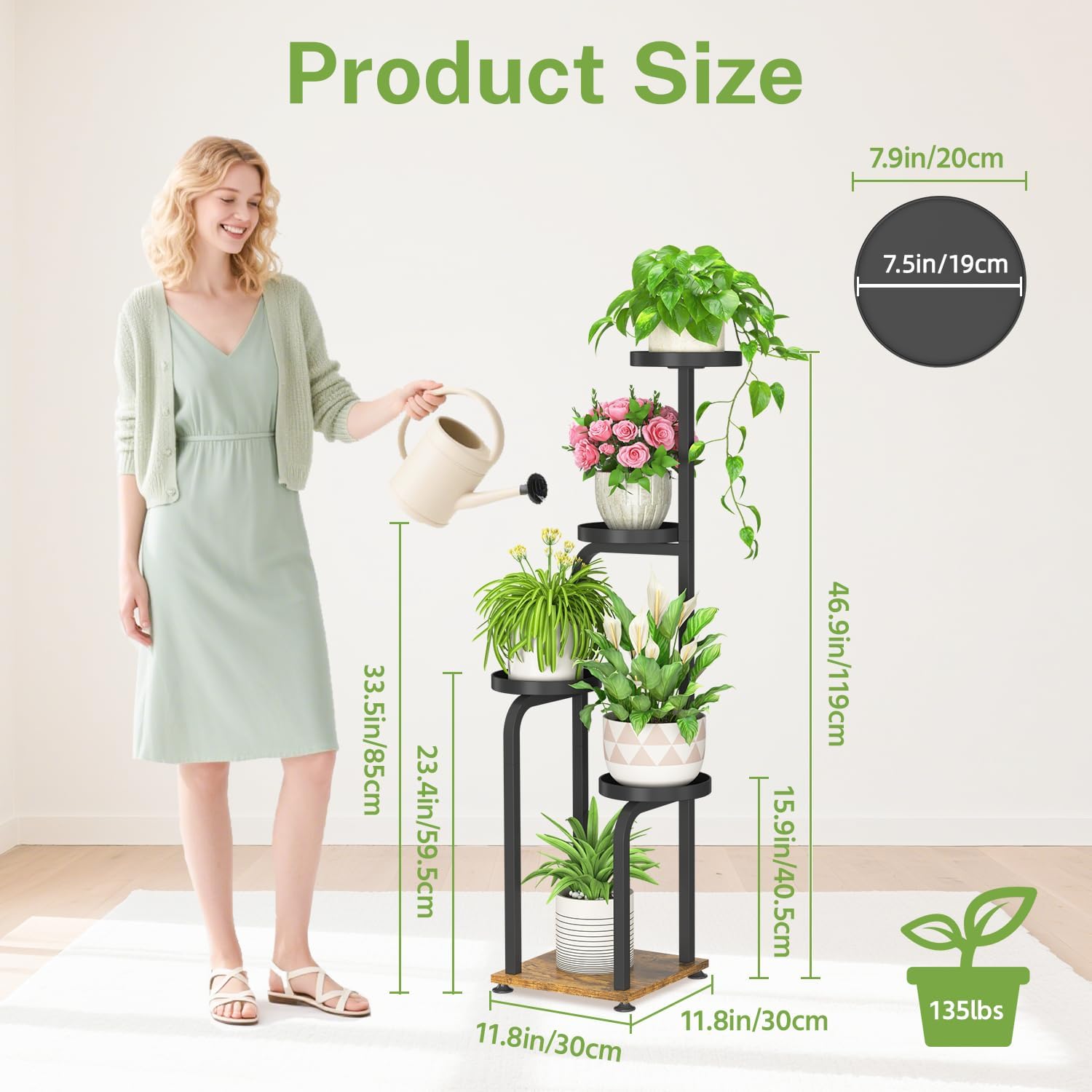 iDavosic.ly Wooden Plant Stand for Indoor Outdoor Set of 2, 5 Tier Tall Flower Holder Shelf and 4 Layer Corner Orchid Rack with Metal Trays for Living Room Balcony Patio Porch Garden, Black and Brown